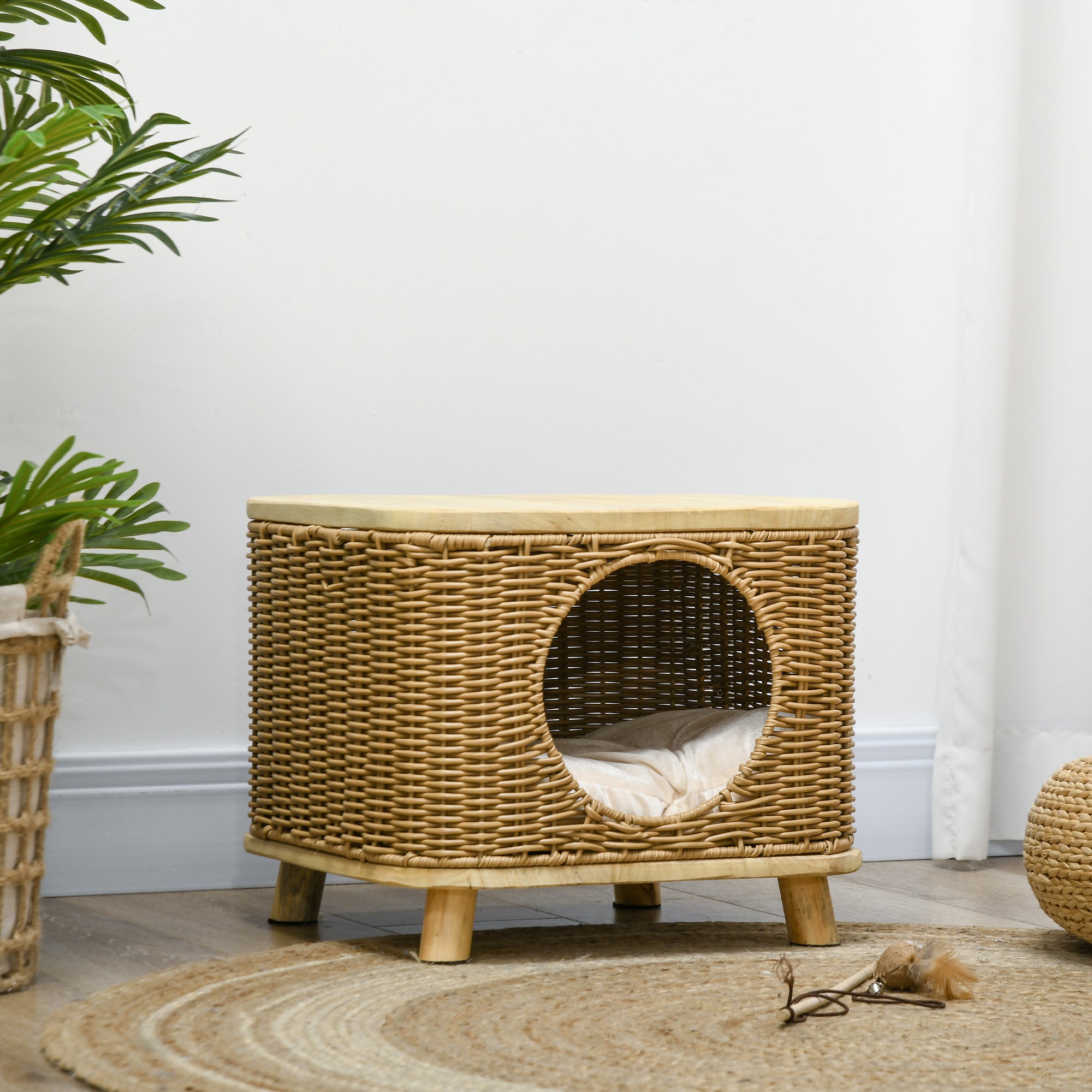 PawHut Elevated Design Wicker Cat House with Washable Cushion, Light Brown - North Peak Garden Furniture