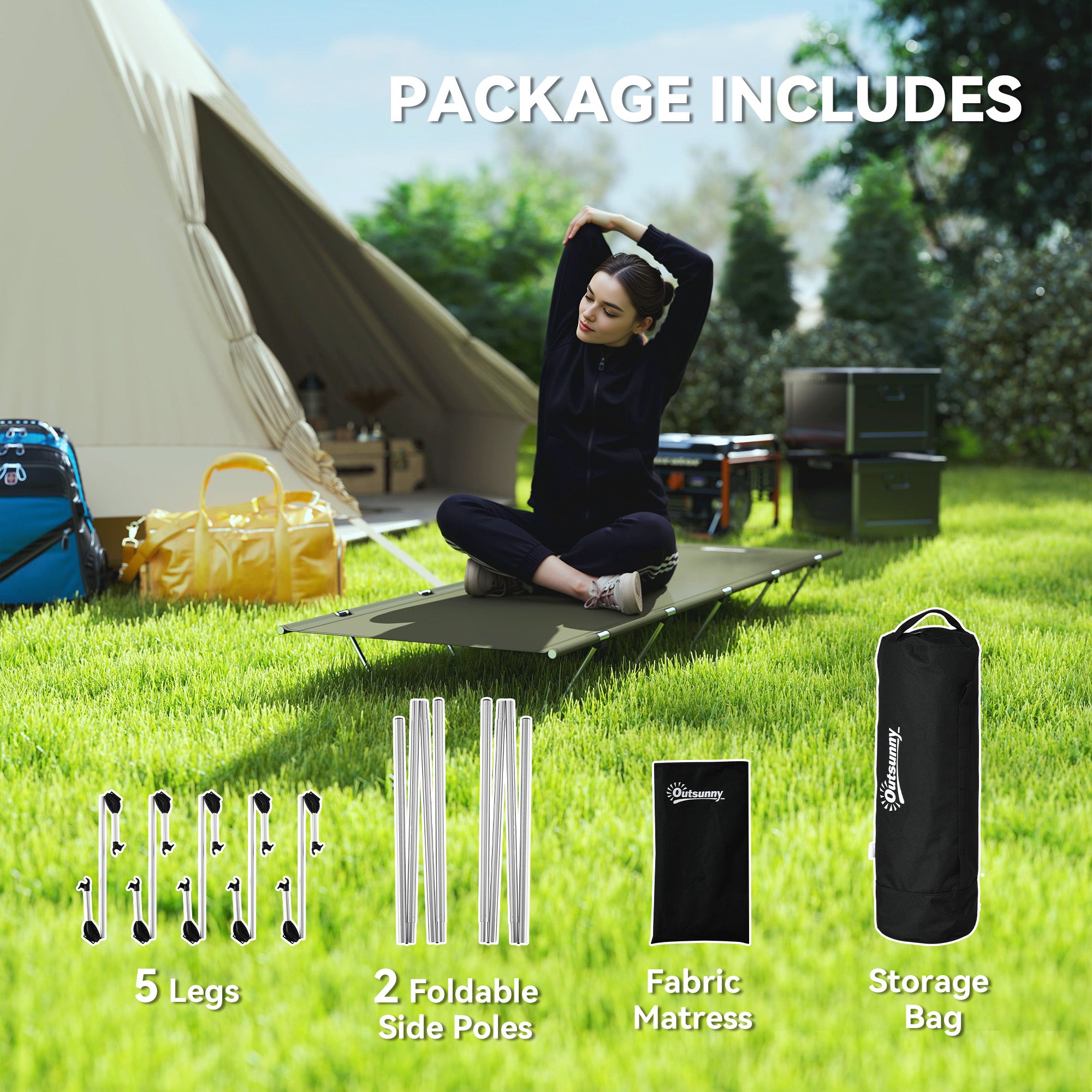 Outsunny Lightweight Camping Bed, Aluminium Portable Camp Cot w/ Strong Support 150kg and Carry Bag for Camping, Dark Green - North Peak Garden Furniture
