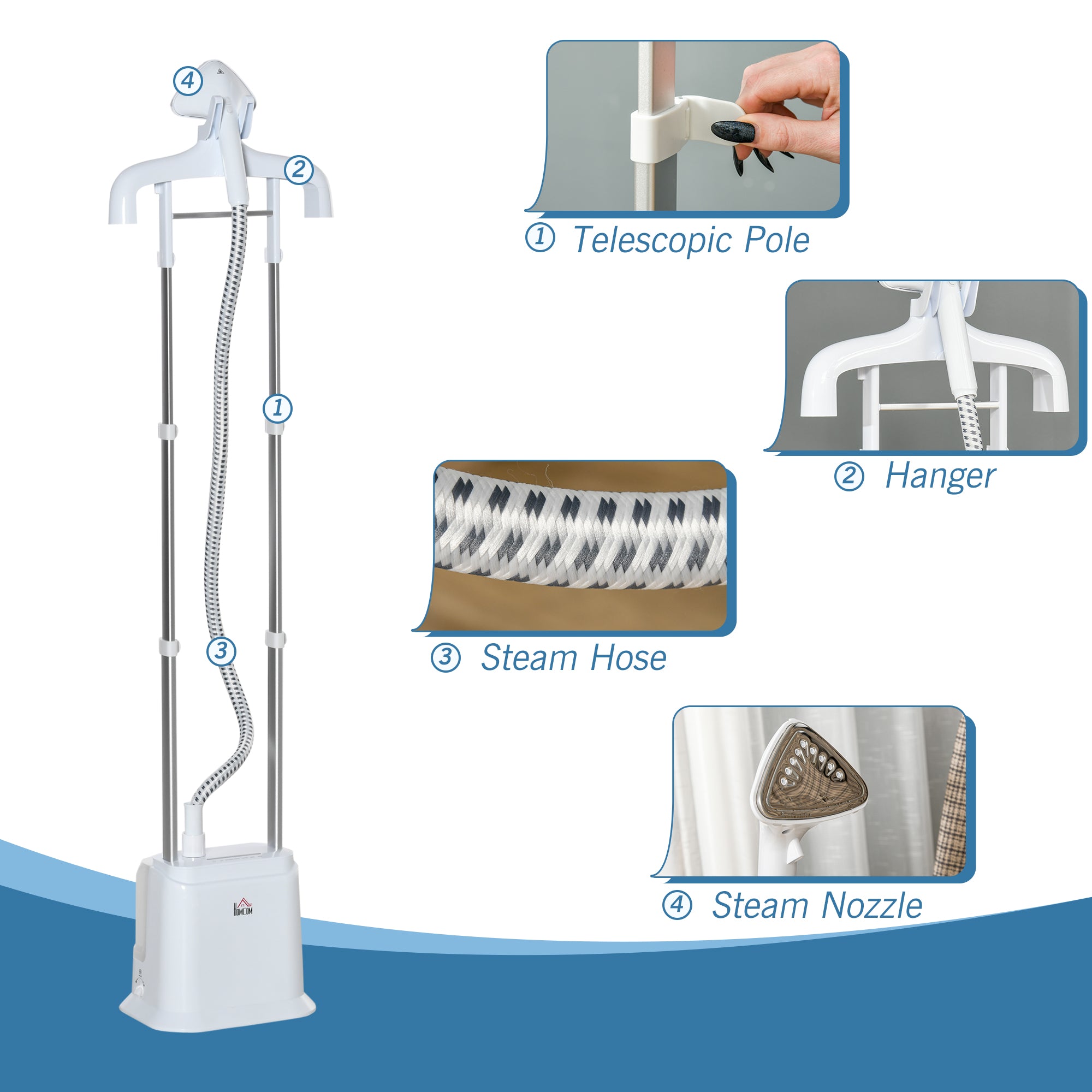HOMCOM Upright Garment Clothes Steamer with 6 Steam Setting, 45s Fast Heat-up, 1.7L Water Tank and 45min Steamer, Wrinkle and Odour Remover, White - North Peak Garden Furniture