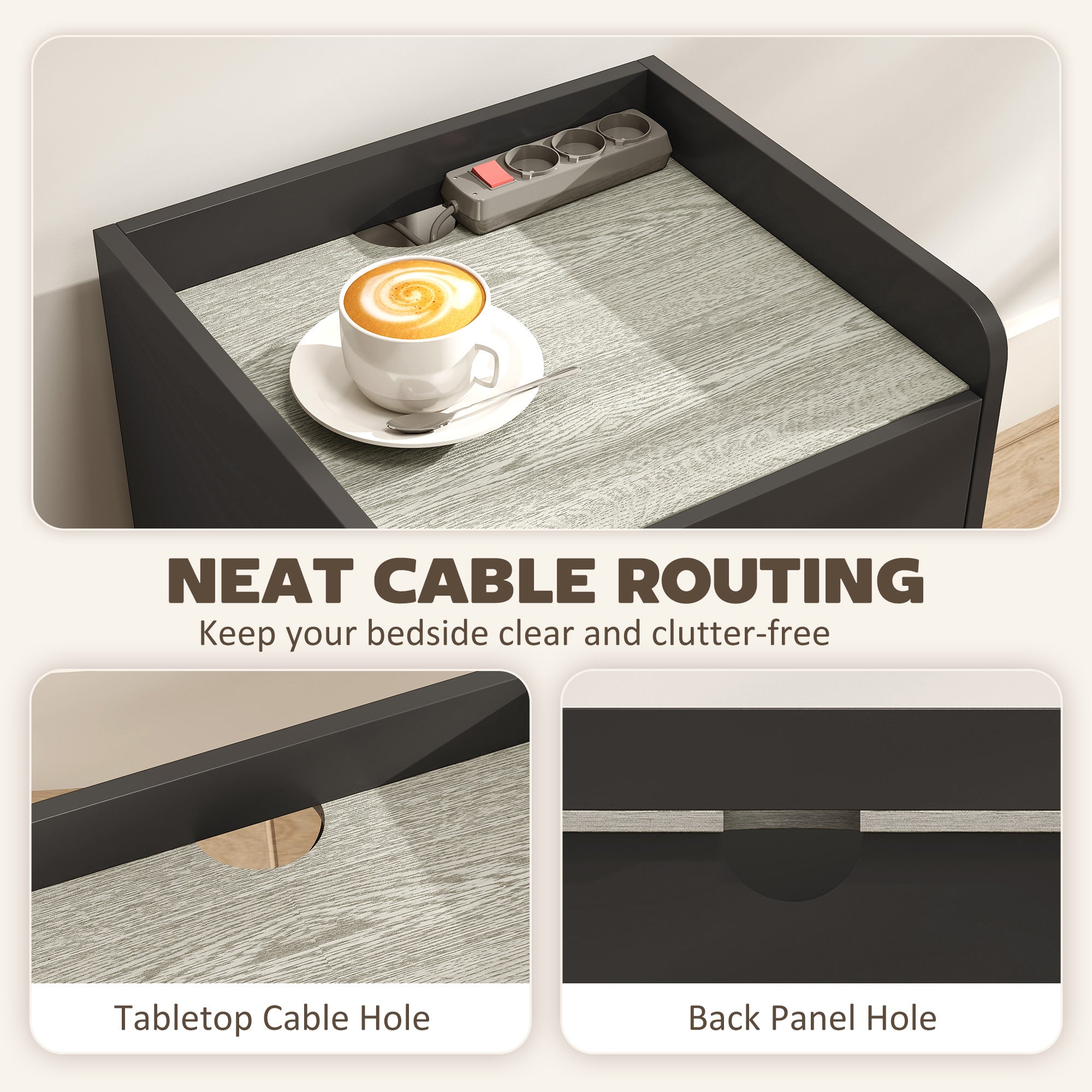 HOMCOM Modern Bedside Table, Slim Nightstand with Drawer, Shelf and Cable Holes, Black and Grey Wood Effect
