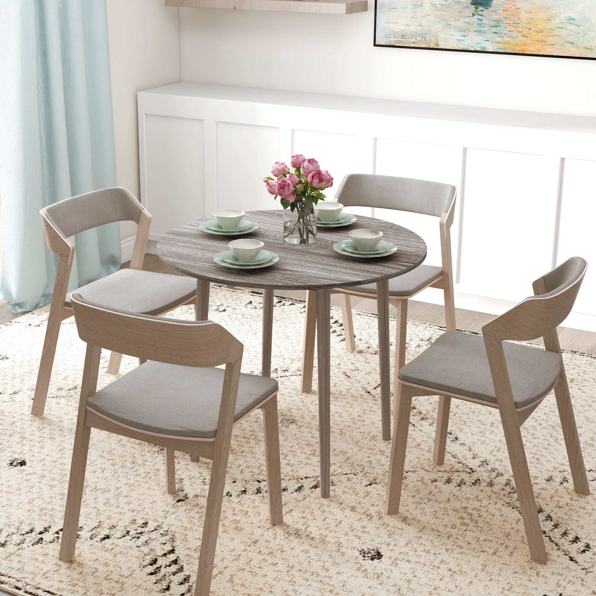 HOMCOM Folding Dining Table for 4, Round Drop Leaf Table, Modern Space Saving Small Kitchen Table with Wood Legs for Dining Room, Grey - North Peak Garden Furniture
