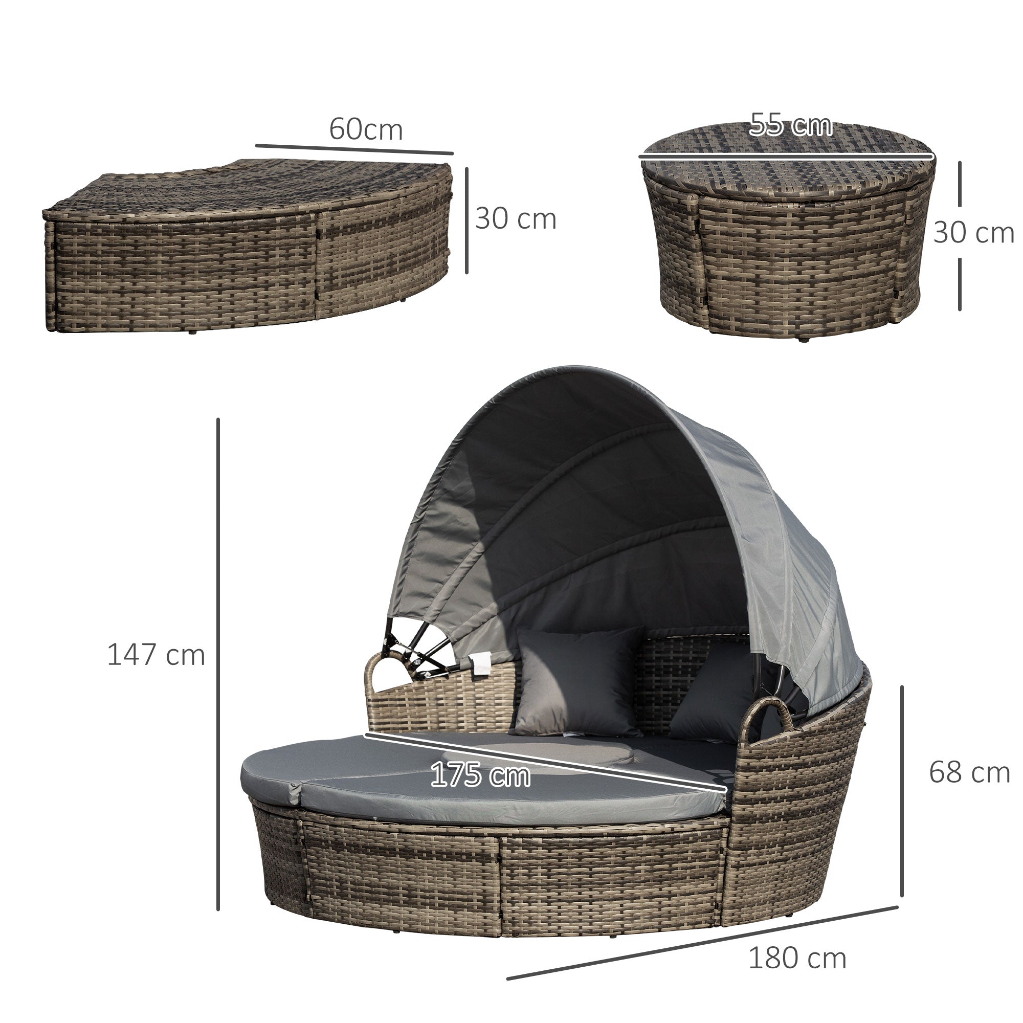 Outsunny Outdoor PE Rattan Garden Furniture with Cushioned, Patio Wicker Conversation Furniture Set, Round Daybed with Retractable Canopy, Coffee Table and Three Pillows, Dark Grey - North Peak Garden Furniture