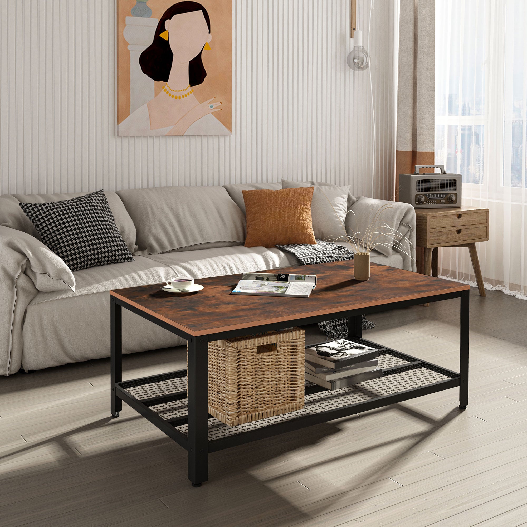 HOMCOM Coffee Table Industrial Side Table Living Room Table with Storage Shelf and Metal Frame for Home Office, 106L x 60W x 45Hcm - North Peak Garden Furniture