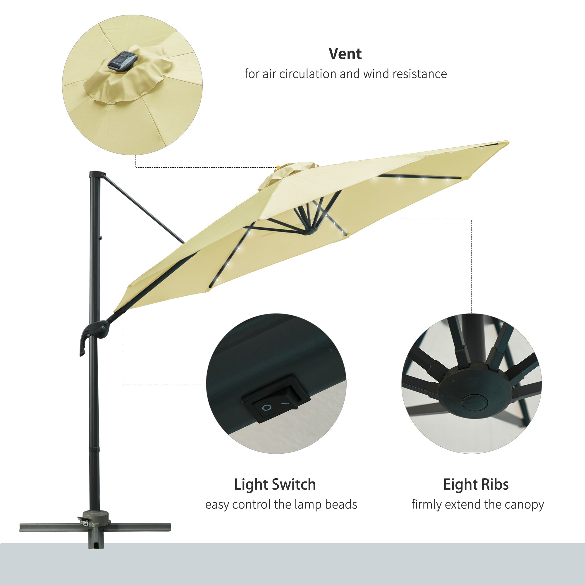 Outsunny 3(m) LED Cantilever Parasol Garden Sun Umbrella w/ Base and Solar Lights Beige - North Peak Garden Furniture