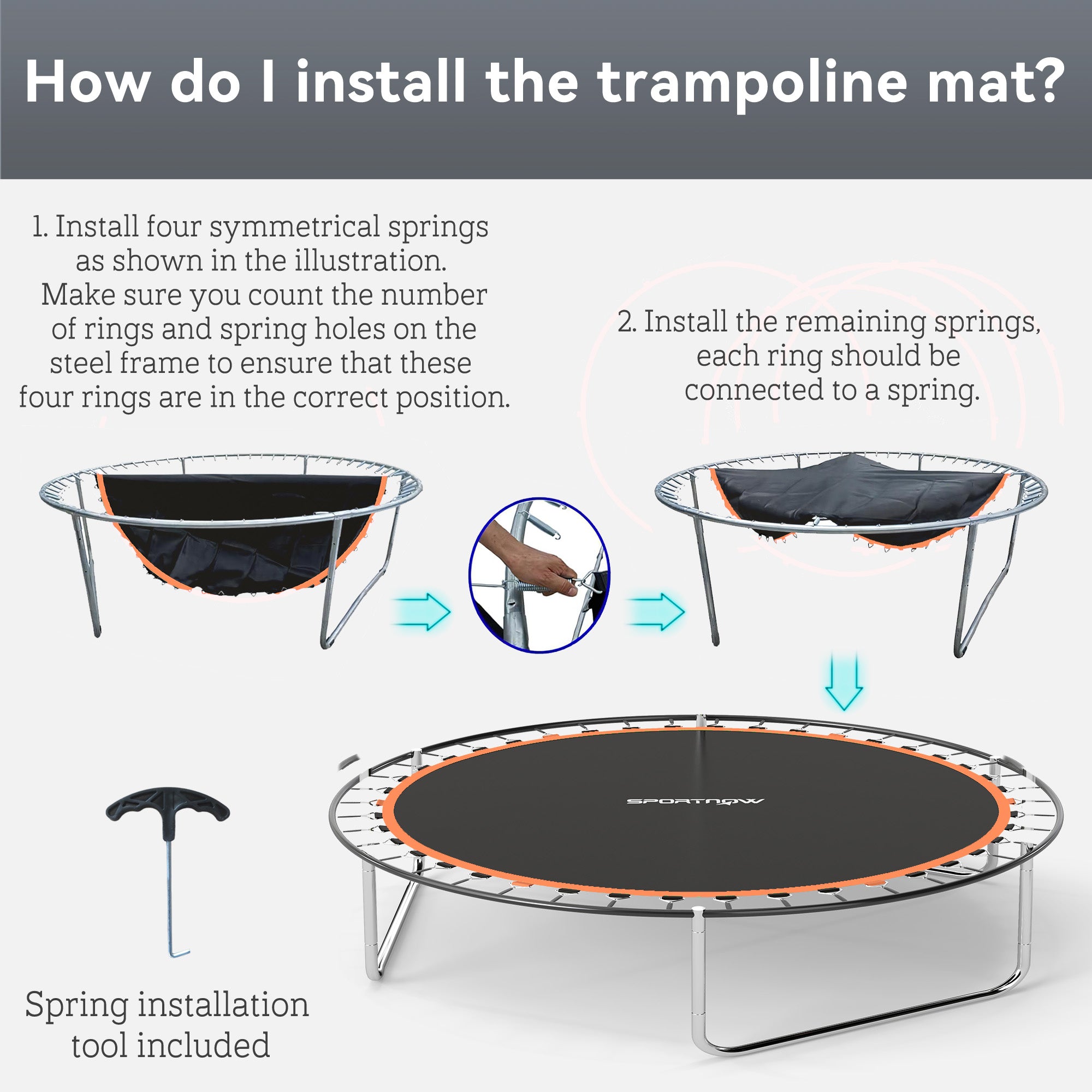 SPORTNOW Trampoline Replacement Mat with Spring Pull Tool, 54 V-Hooks, for 10ft Trampoline using 14cm Springs, Orange - North Peak Garden Furniture