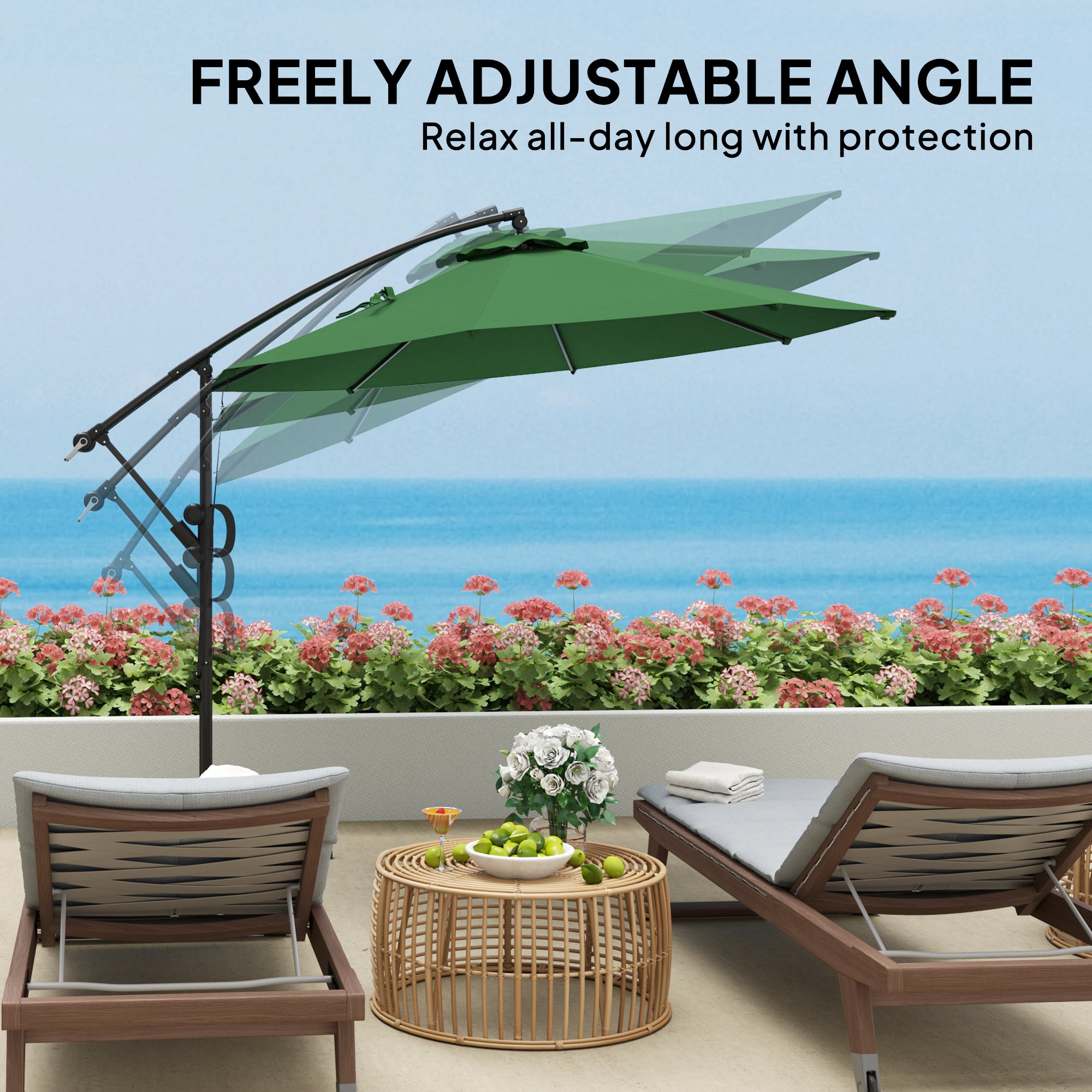 Outsunny 3(m) Garden Cantilever Parasol with Cover and Wind Protection Strap, Round Overhanging Umbrella with Crank Handle and Tilt, Banana Patio Umbrella for Outdoor Sun Shade, UPF50+, Green - North Peak Garden Furniture