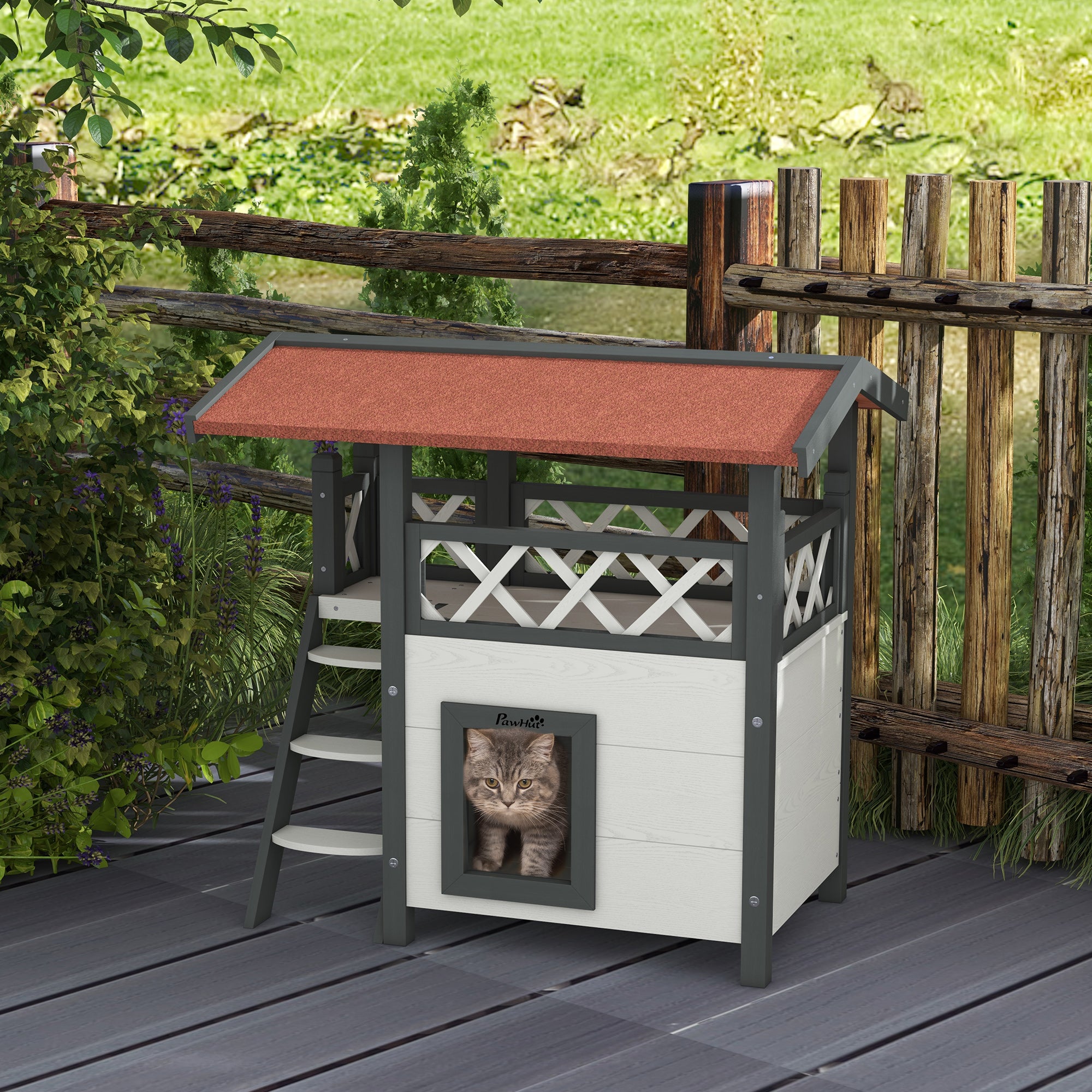 PawHut Cat House Outdoor w/ Balcony Stairs Roof, 77 x 50 x 73 cm, White - North Peak Garden Furniture