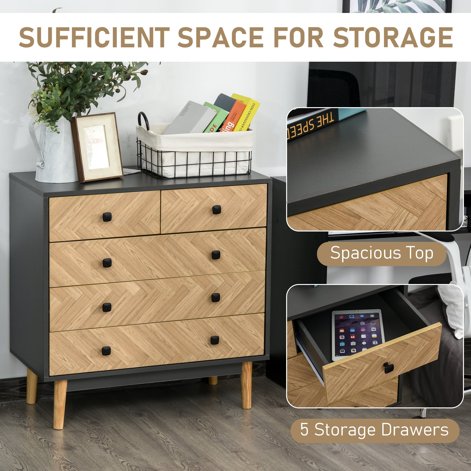 HOMCOM Chest of Drawers, 5 Drawer Storage Cabinet Sideboards with Metal Handles Freestanding Dresser for Bedroom, Living Room - North Peak Garden Furniture