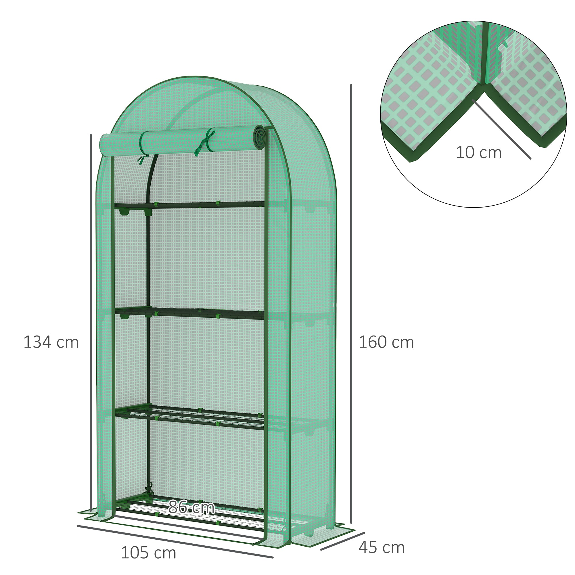 Outsunny 4 Tier Mini Greenhouse with Reinforced PE Cover, Portable Small Greenhouse with Roll-Up Door, 105 x 45 x 160cm, Green - North Peak Garden Furniture