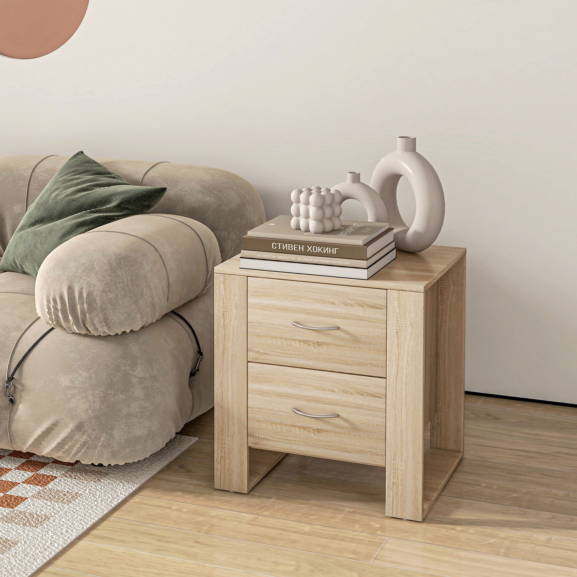 HOMCOM Bedside Table with 2 Drawers, Nightstand with Handles and Elevated Base, Side Table for Bedroom, Living Room, Set of 2, Brown - North Peak Garden Furniture