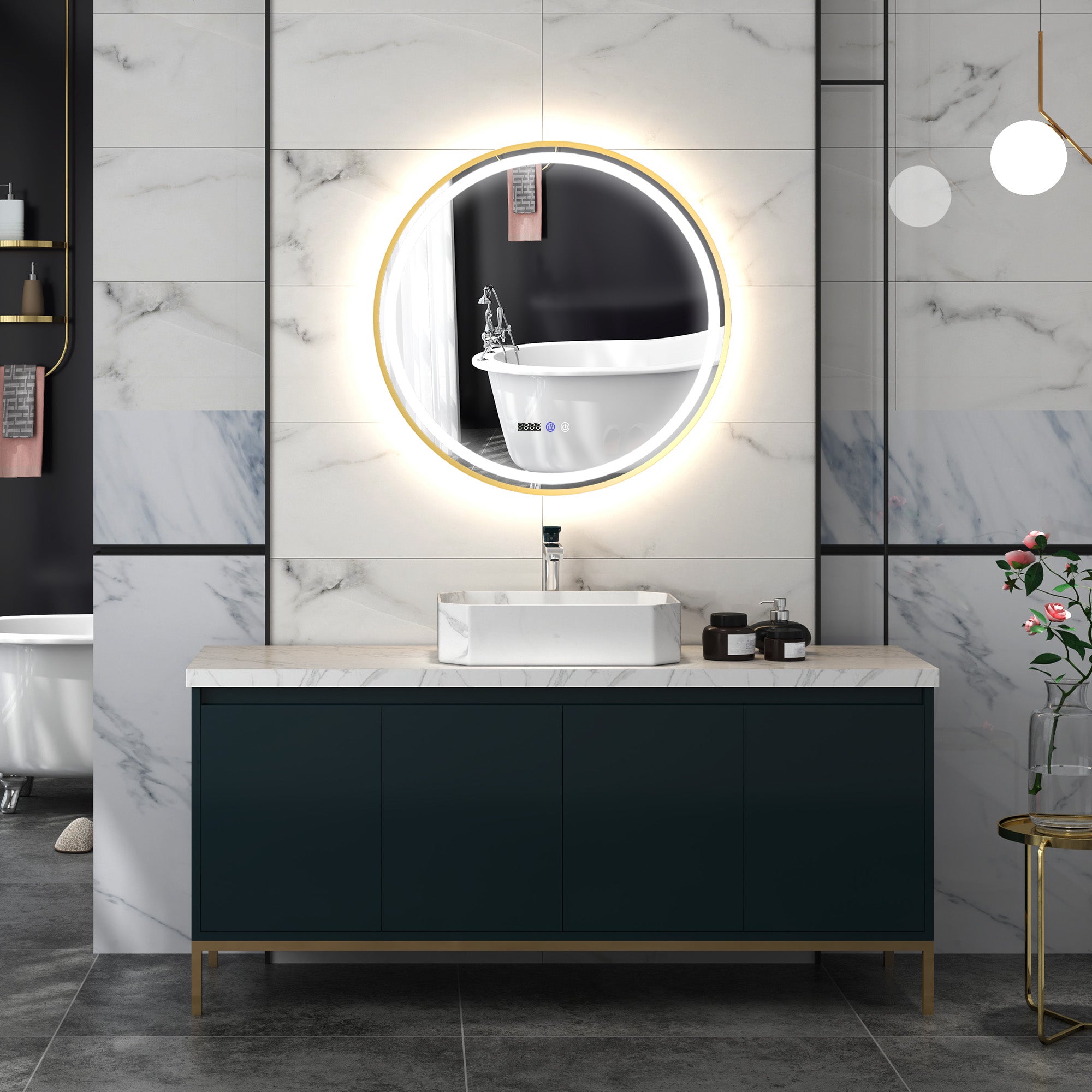 HOMCOM Round Bathroom Mirror with LED Lights, 800mm Backlit Illuminated Bathroom Mirror, Dimmable Wall Mounted Vanity Mirror with Demister Pad, Touch Switch, Time and Temp Display, Gold Tone - North Peak Garden Furniture