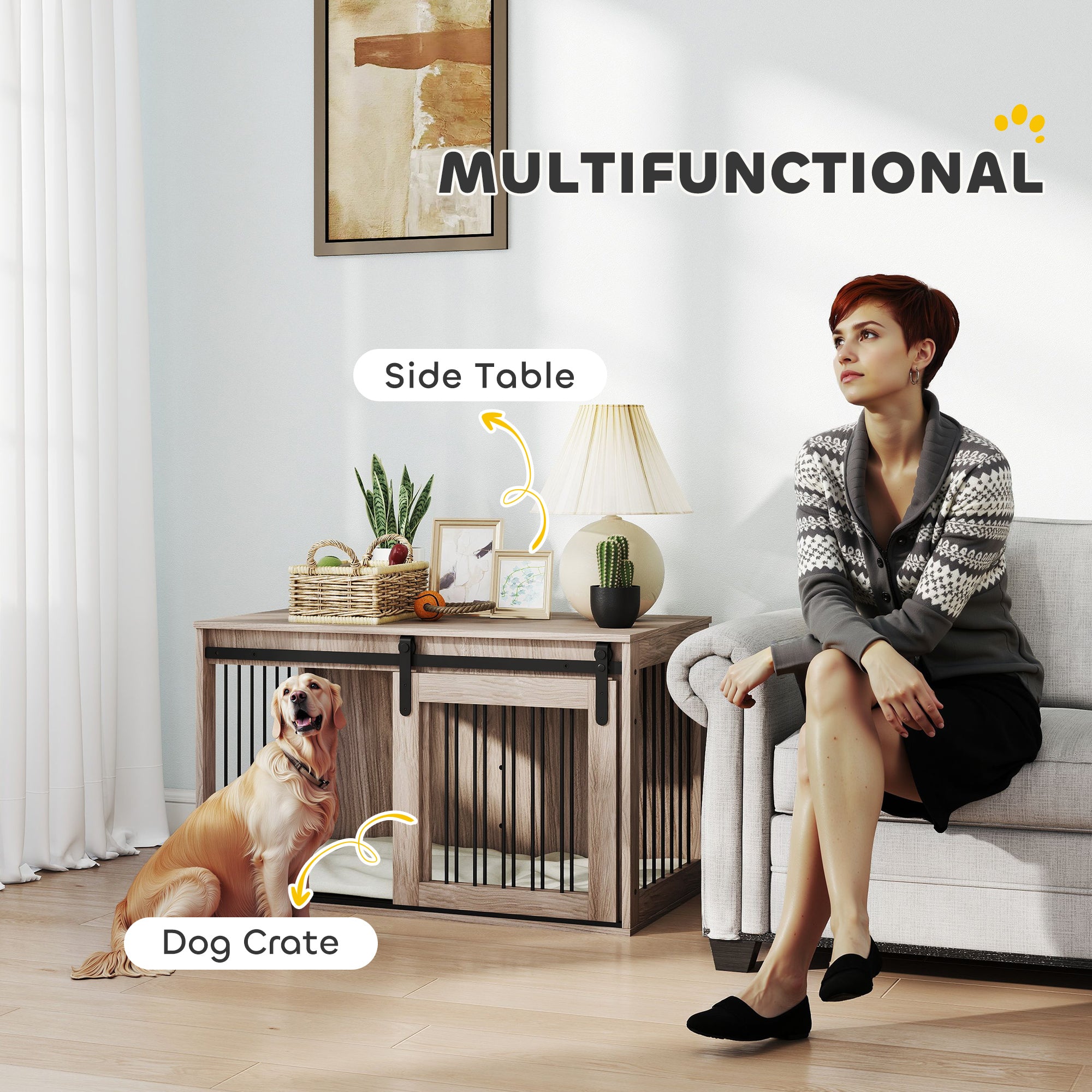 PawHut 98cm Dog Crate Furniture with Removable Cushion for Large Dogs - Brown - North Peak Garden Furniture