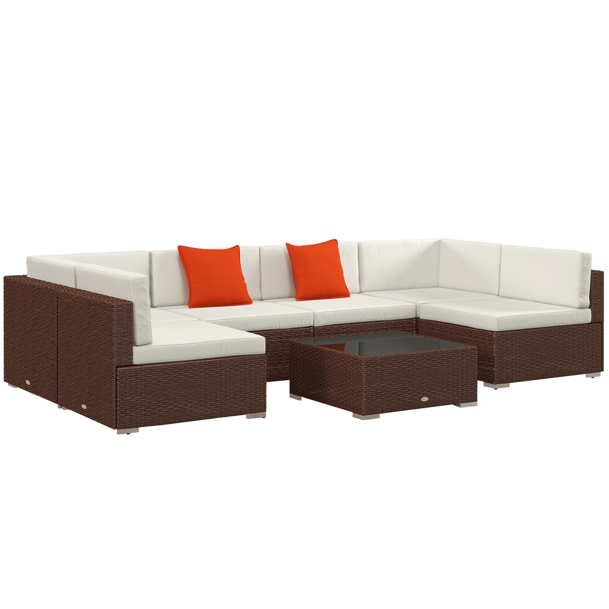 Outsunny Seven-Piece Rattan Garden Set, with Glass-Top Table - Brown/Beige - North Peak Garden Furniture