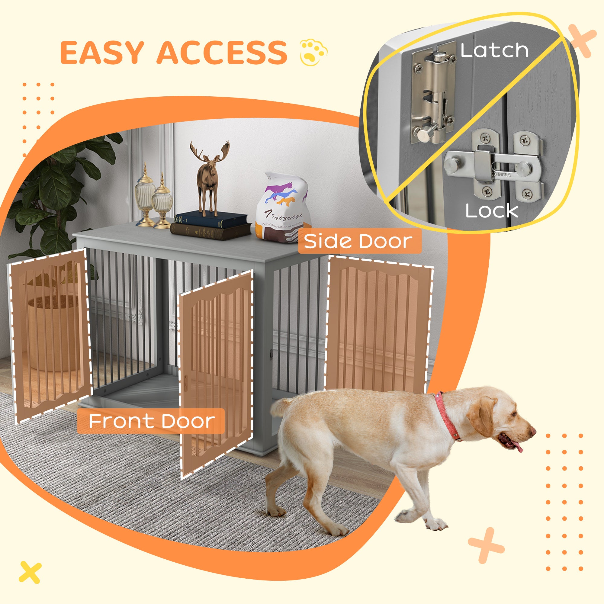 PawHut Dog Crate, End Table, with Three Doors, Locks, Latches for Large Dogs, Indoor Use - Grey