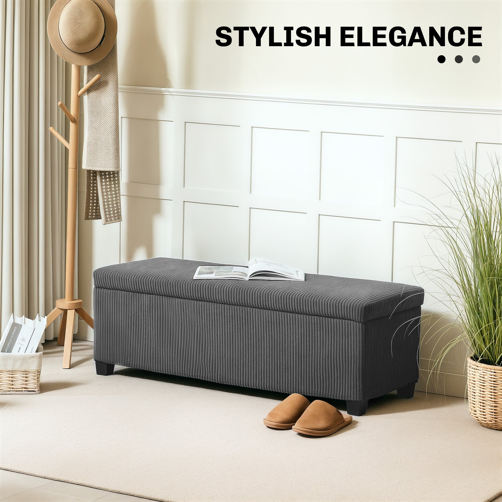HOMCOM Storage Ottoman Bench, Corduroy Footstool with Removable Lid and Legs, 112cm Storage Chest Box for Living Room, Bedroom, Hallway, Grey - North Peak Garden Furniture