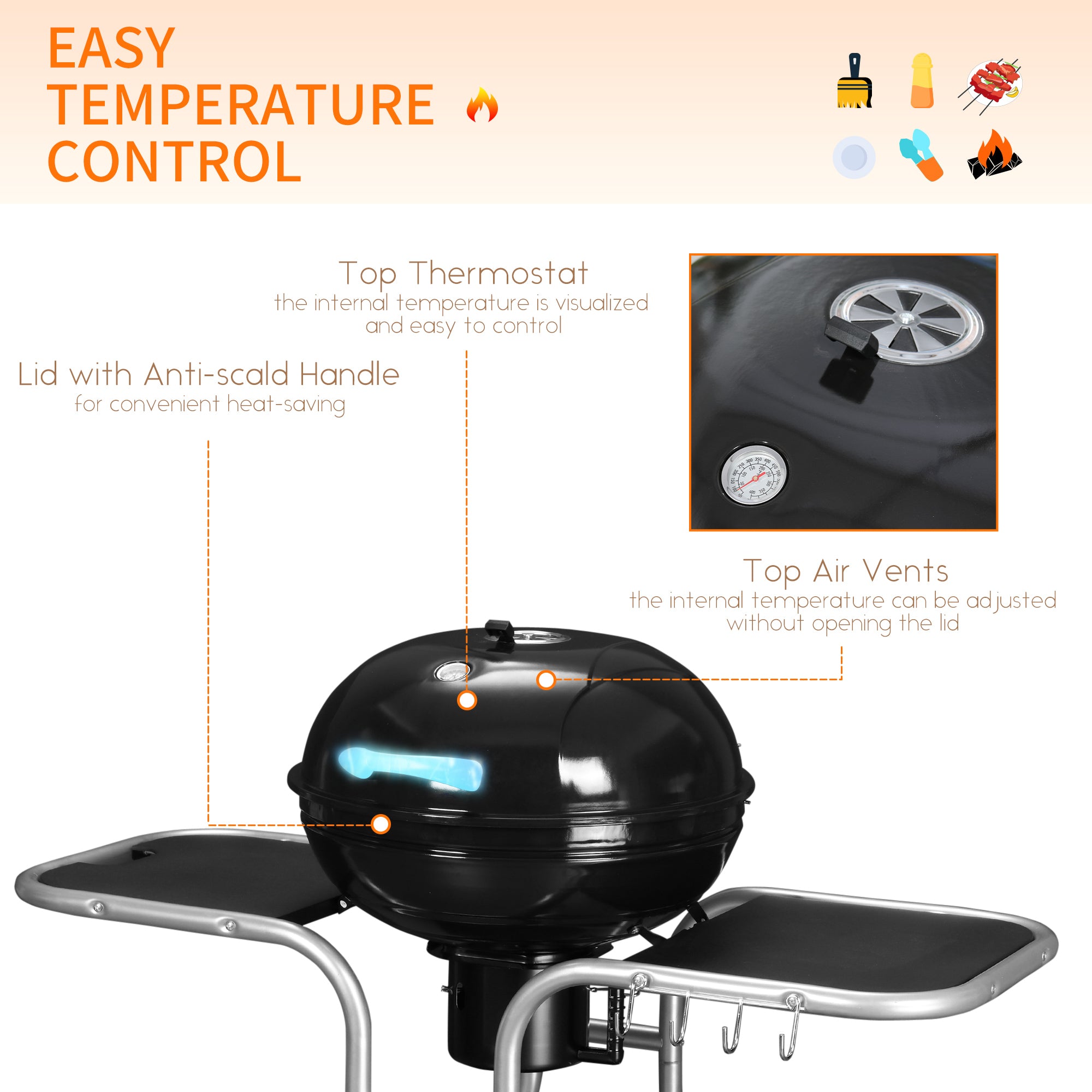 Outsunny Portable Charcoal Kettle Grill Outdoor Barbecue Trolley BBQ Heat Smoker Grilling with Two wheels, Free Standing Black - North Peak Garden Furniture