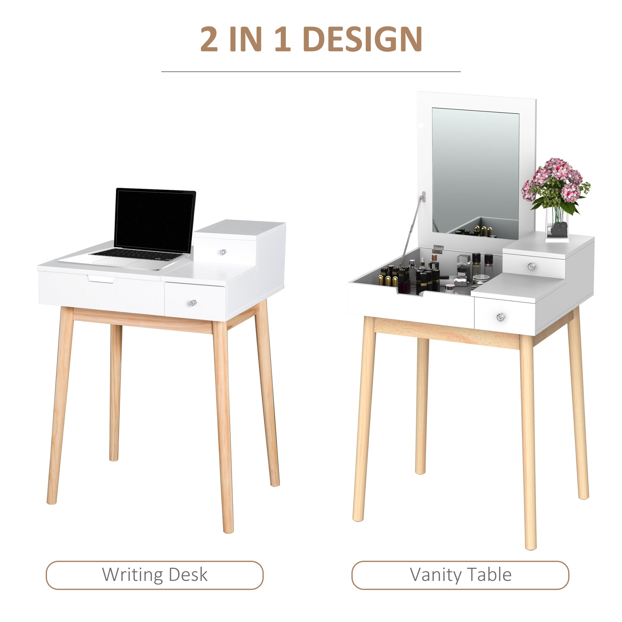 HOMCOM MDF,Pine Dressing Table Desk Flip-up Mirror Multi-purpose 2 Drawers Modern - White - North Peak Garden Furniture