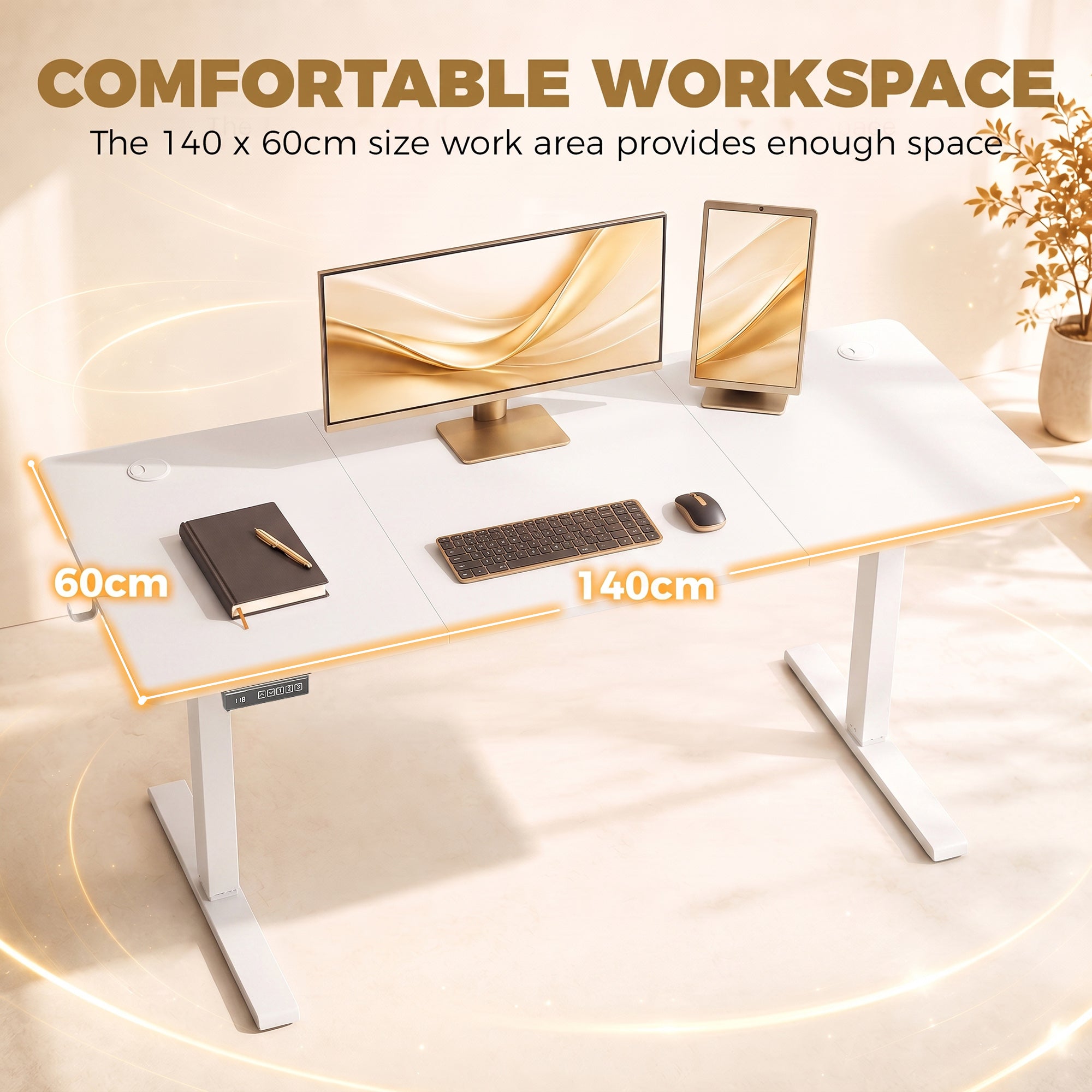 HOMCOM Standing Desk Memory Control Height Adjustable Desk 2 Cable Holes LED Display Sit Stand Desk White