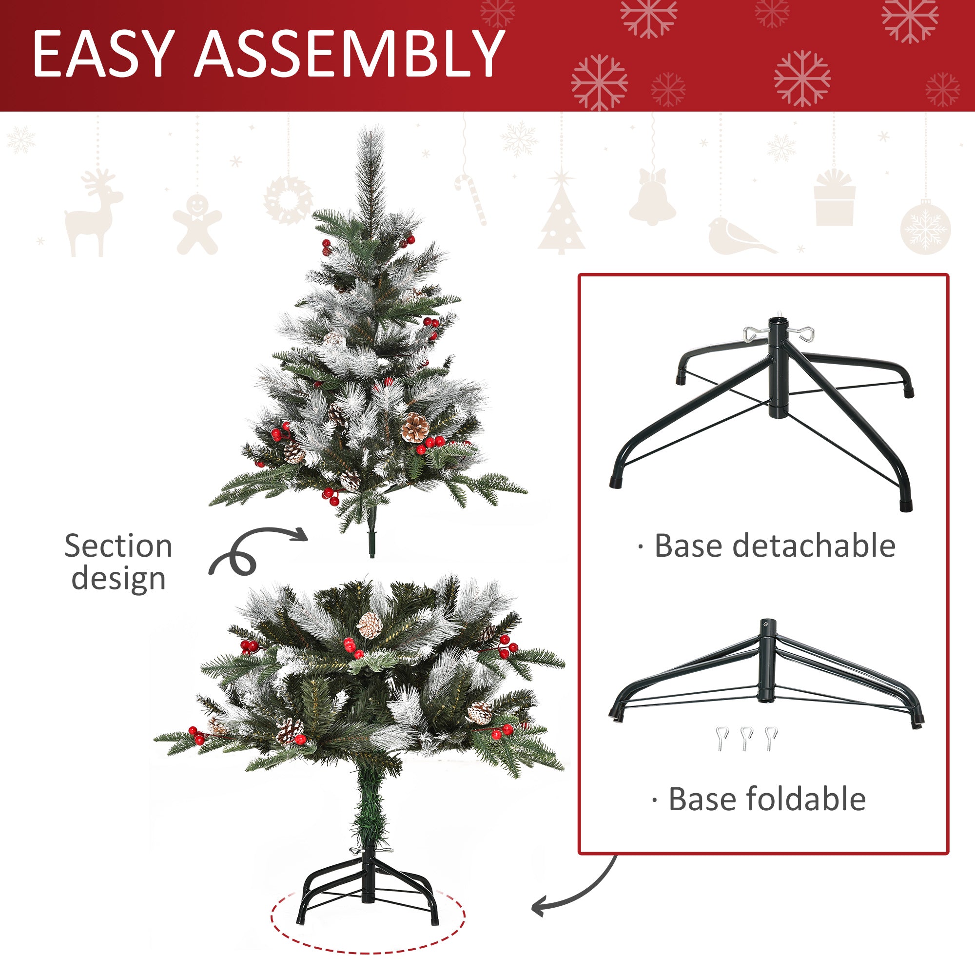 HOMCOM 4FT Artificial Snow Dipped Christmas Tree Xmas Pencil Tree Holiday Home Party Decoration with Foldable Feet Red Berries White Pinecones, Green - North Peak Garden Furniture