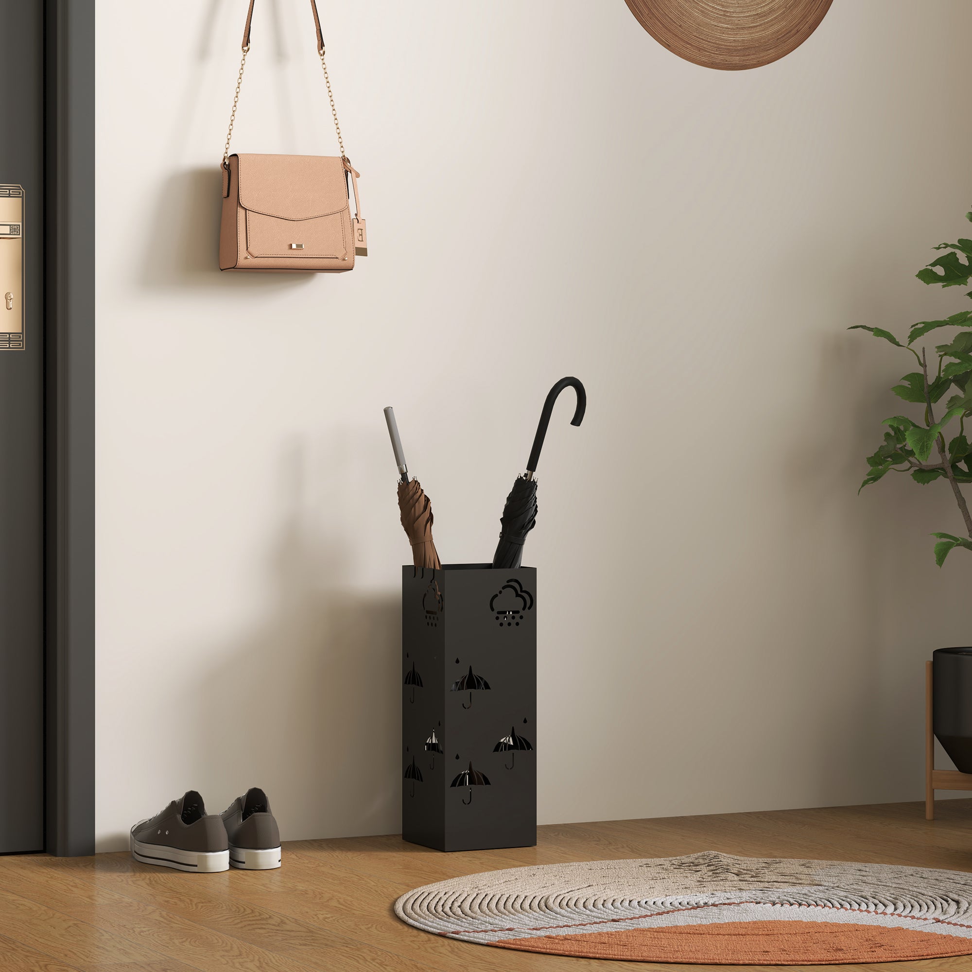 HOMCOM Metal Umbrella Stand, Square Umbrella Holder with Removable Drip Tray and 4 Hooks, Decorative Umbrella Storage Rack for Hallway, Entryway, 15.5 x 15.5 x 41 cm, Black - North Peak Garden Furniture