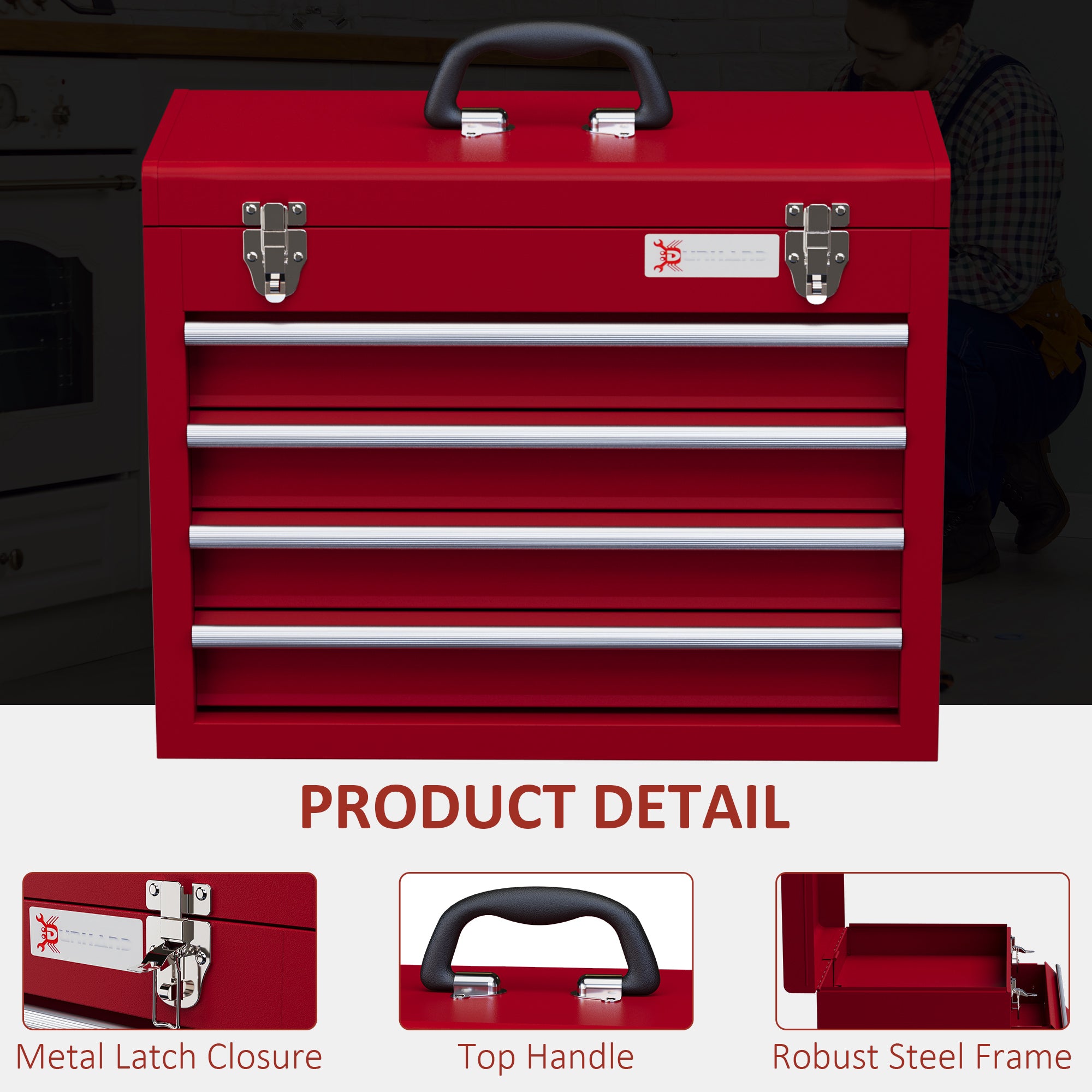 DURHAND Lockable Metal Tool Box, 4 Drawer Tool Chest with Latches, Handle, Ball Bearing Runners, Red