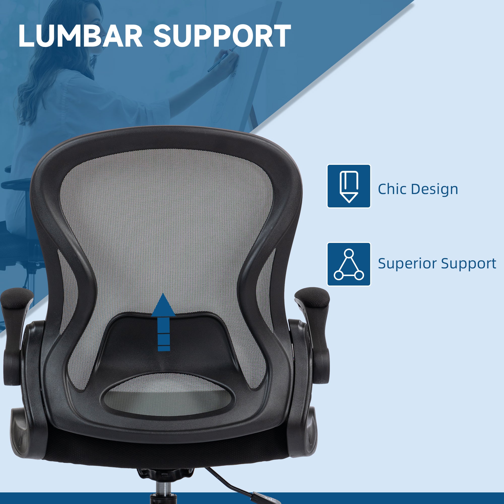 Vinsetto Adjustable Mesh Standing Desk Chair with Flip-up Armrests Lumbar Support Armrests Adjustable Footrest Ring, Dark Grey - North Peak Garden Furniture