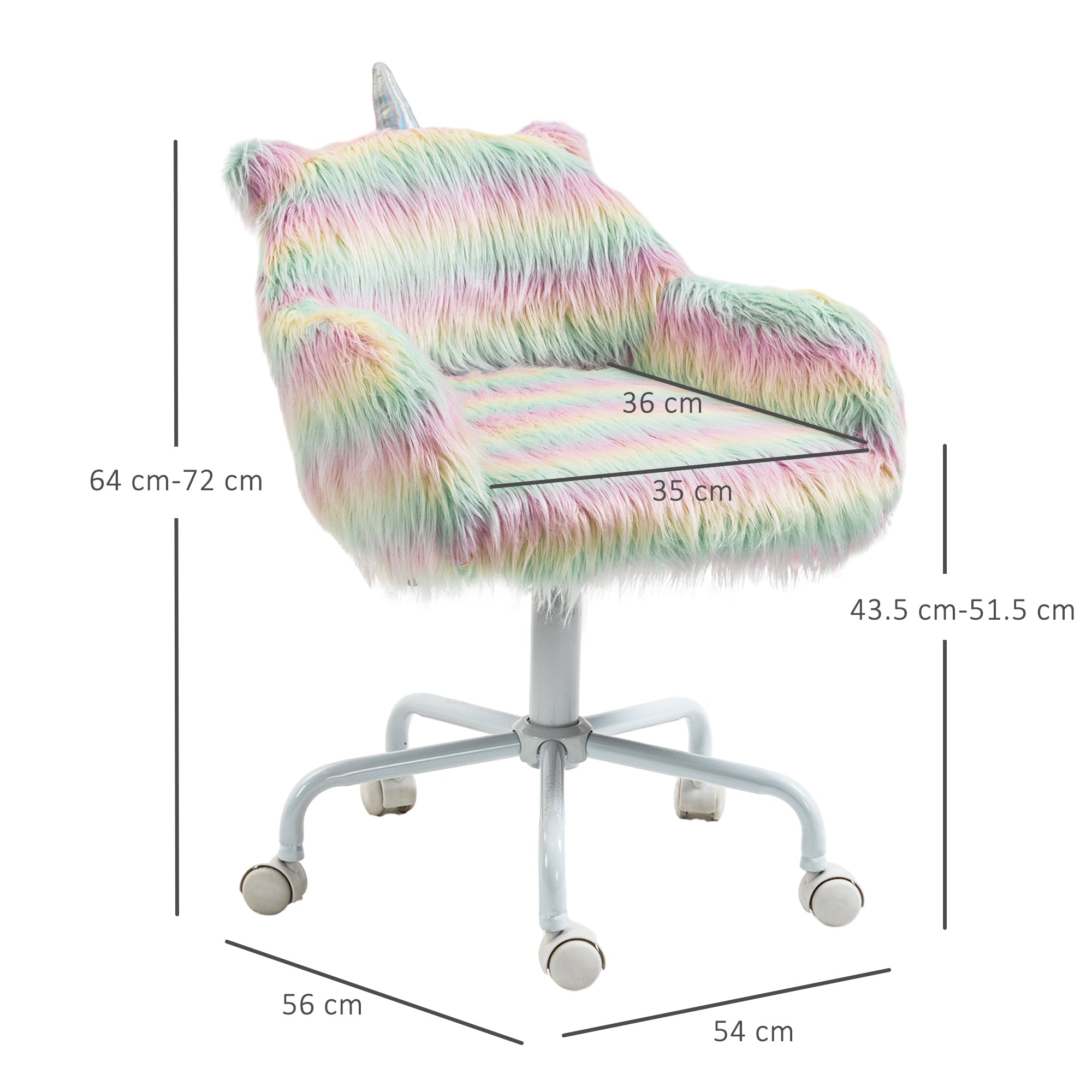 Vinsetto Unicorn Home Office Chair, Height Adjustable Fluffy Desk Chair with Armrests and Swivel Wheels, Colourful - North Peak Garden Furniture