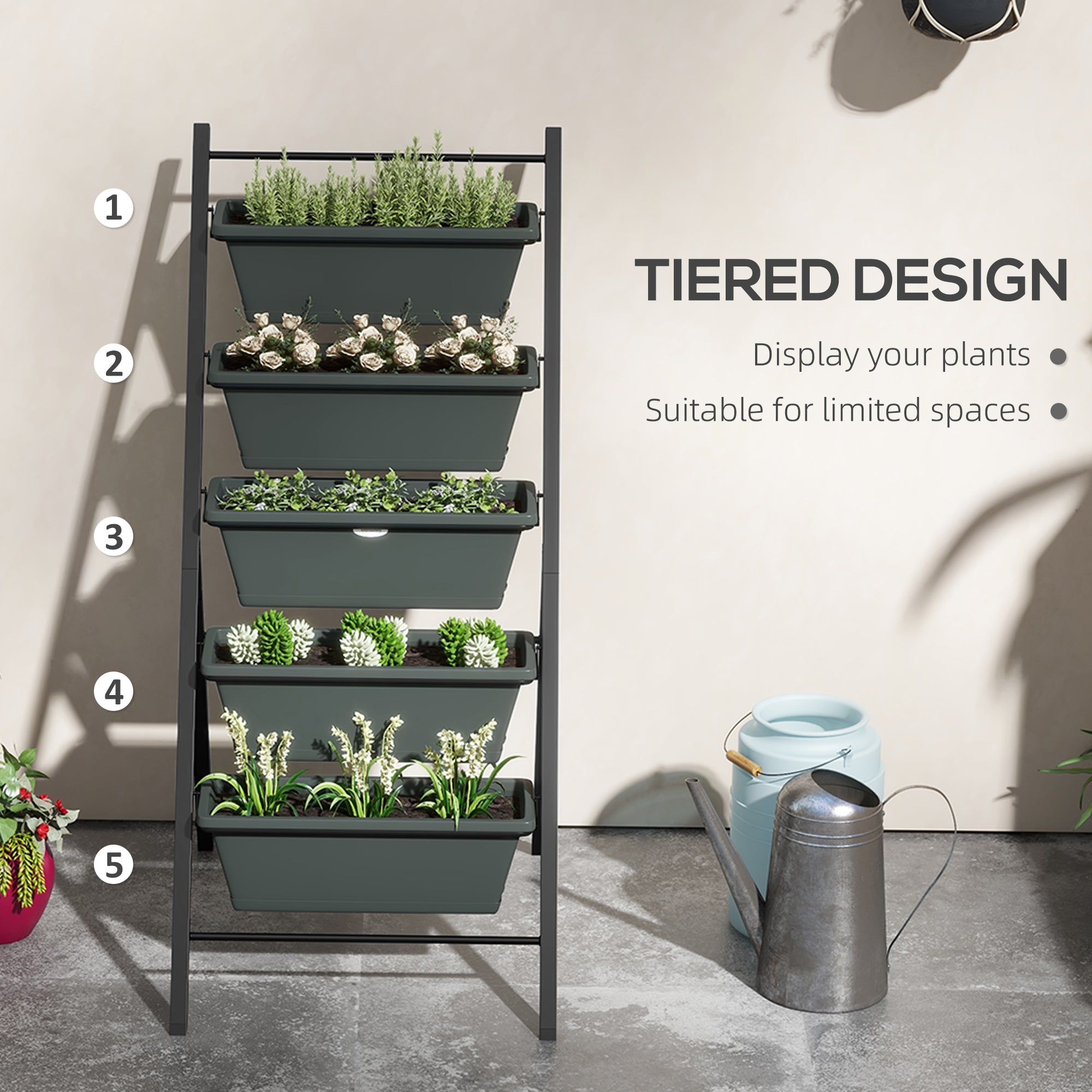 Outsunny 5-Tier Vertical Raised Garden Planter with 5 Container Boxes, Outdoor Plant Stand for Vegetable Flowers, Grey - North Peak Garden Furniture