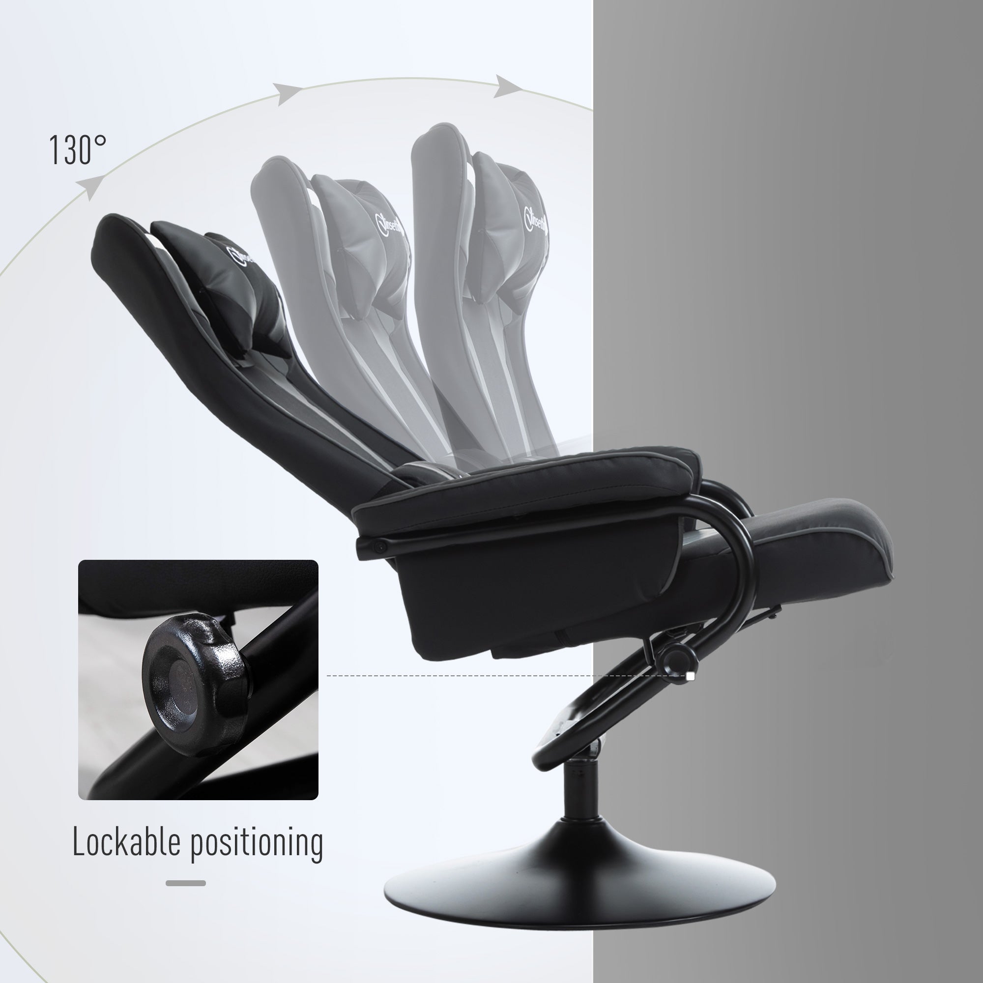Vinsetto Reclining Chair and Stool Set, Recliner Chair with Headrest, Gaming Chair with Lumbar Support, Pedestal Base for Home Office, Grey - North Peak Garden Furniture