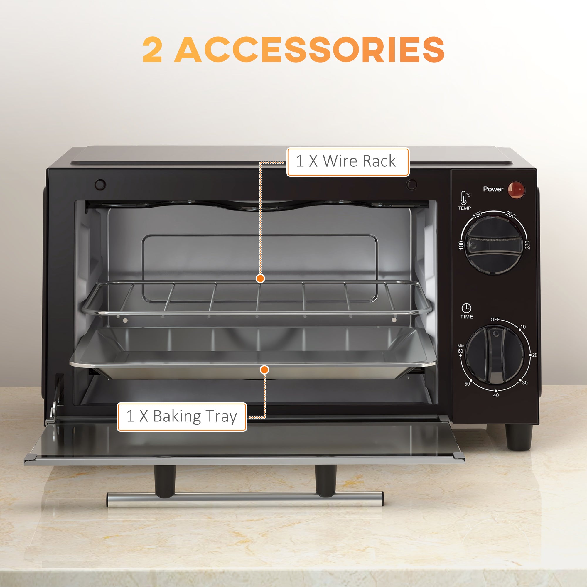 HOMCOM Mini Oven, 9L Countertop Electric Grill, Toaster Oven with Adjustable Temperature, Timer, Dishwasher Safe Baking Tray and Wire Rack, 750W, Black - North Peak Garden Furniture