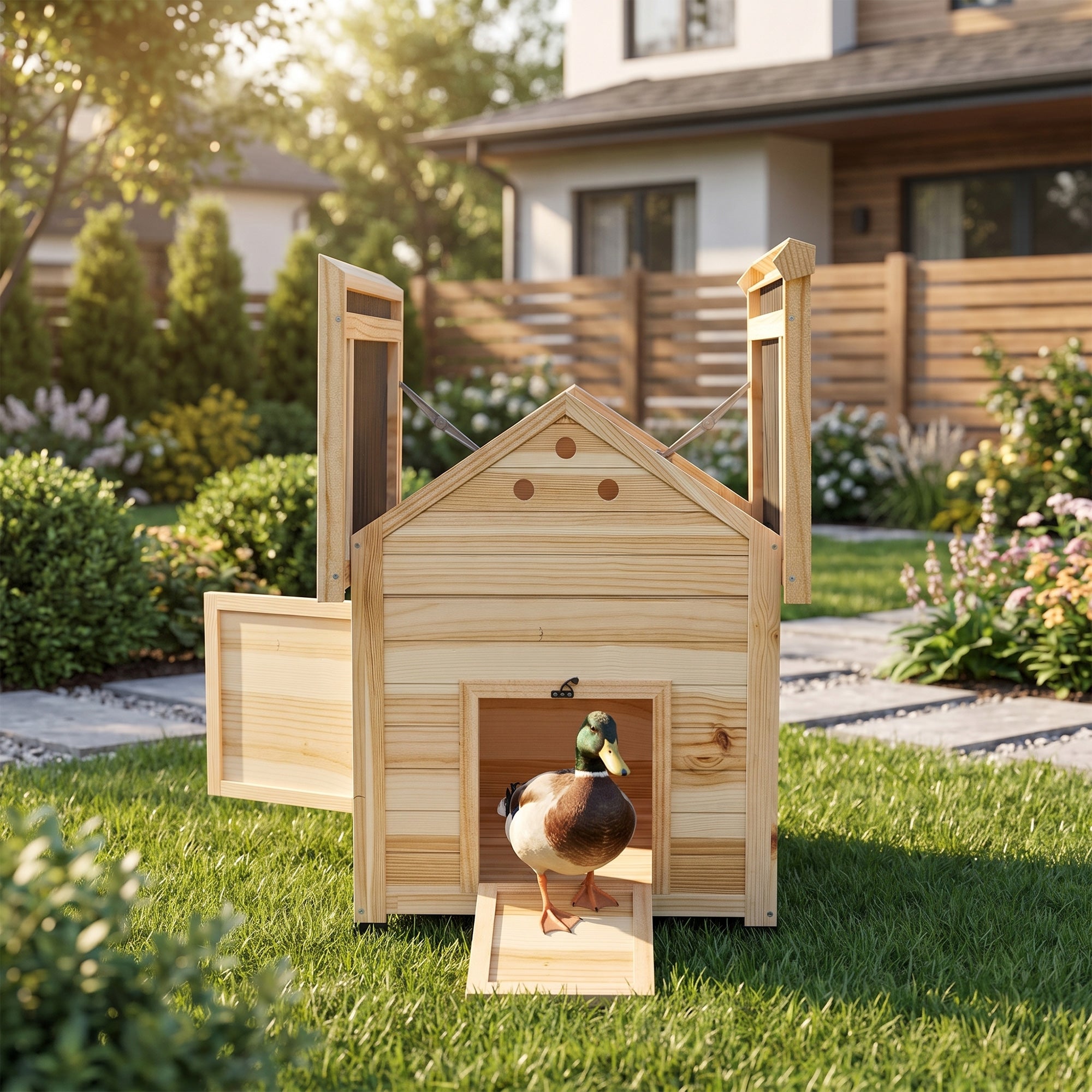 PawHut Wooden Duck House with Double Doors, Openable Roof, Ventilation Holes, Removable Base, Natural Wood Finish