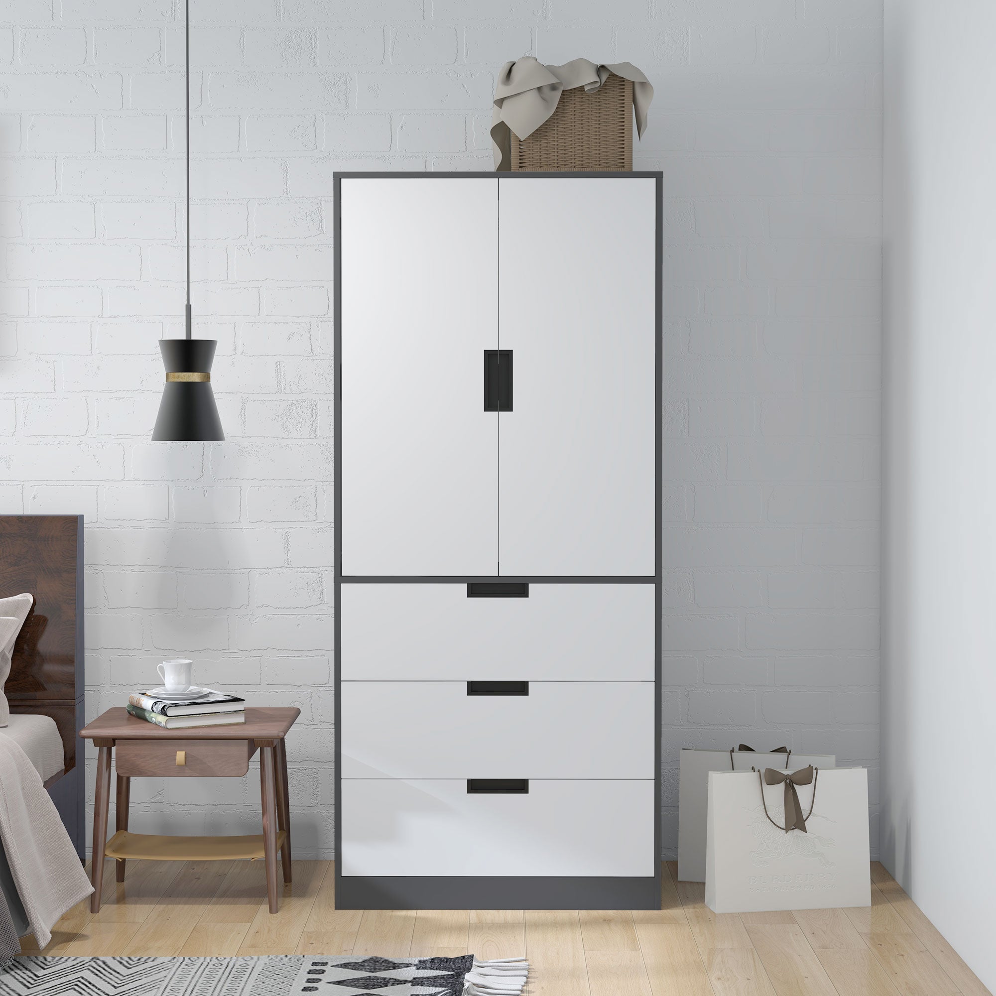 HOMCOM 2 Door Wardrobe, Modern Wardrobe with 3 Drawers and Hanging Rod for Bedroom, Grey - North Peak Garden Furniture