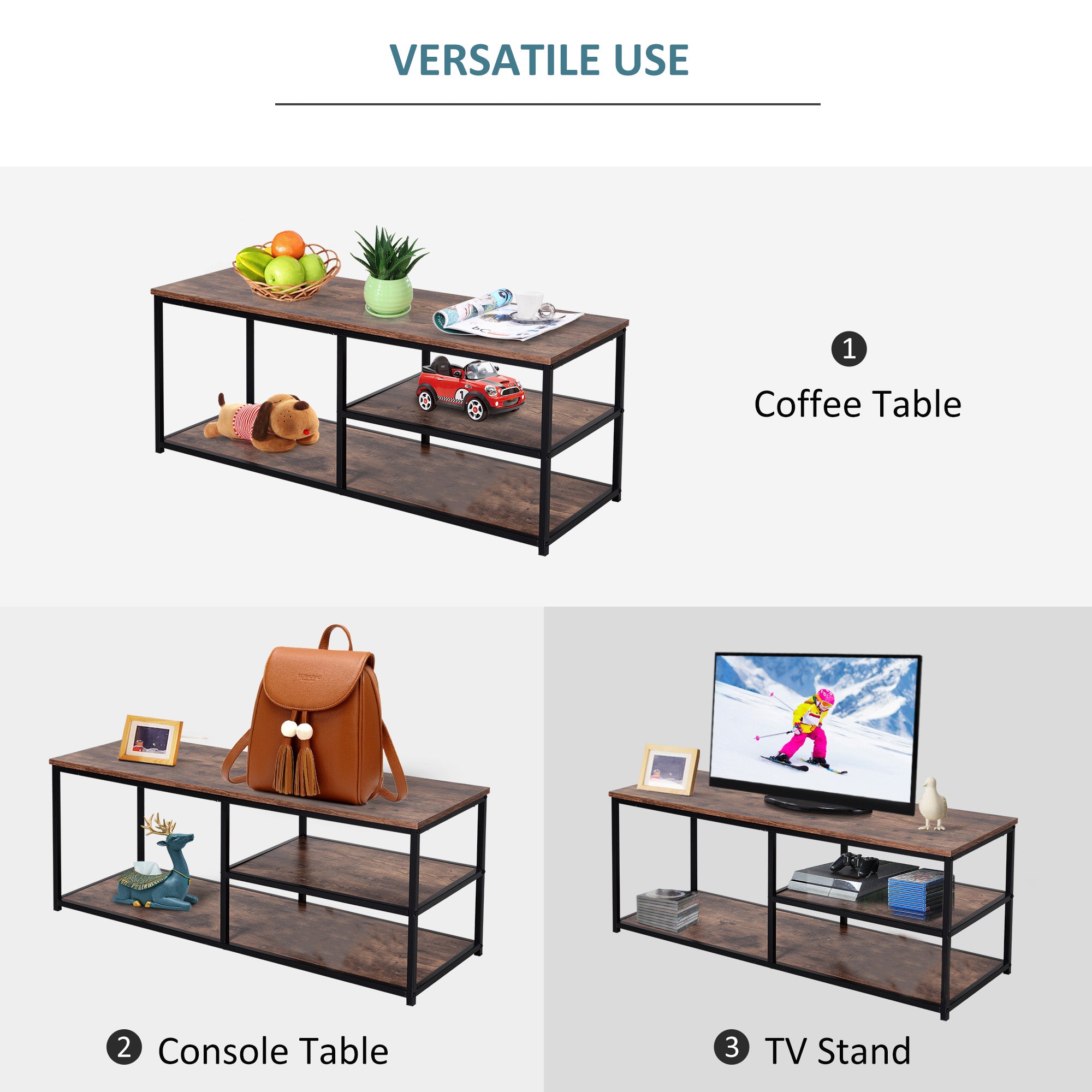 HOMCOM TV Unit for 55 inch TVs, Industrial TV Table with 2 Storage Shelves and Metal Frame, Entertainment Unit For living Room, Rustic Brown