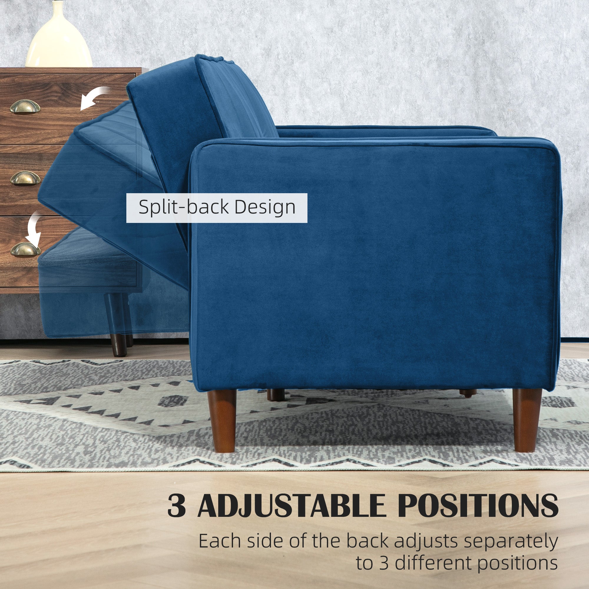 HOMCOM Velvet-Feel Three-Seater Sofa Bed - Blue - North Peak Garden Furniture
