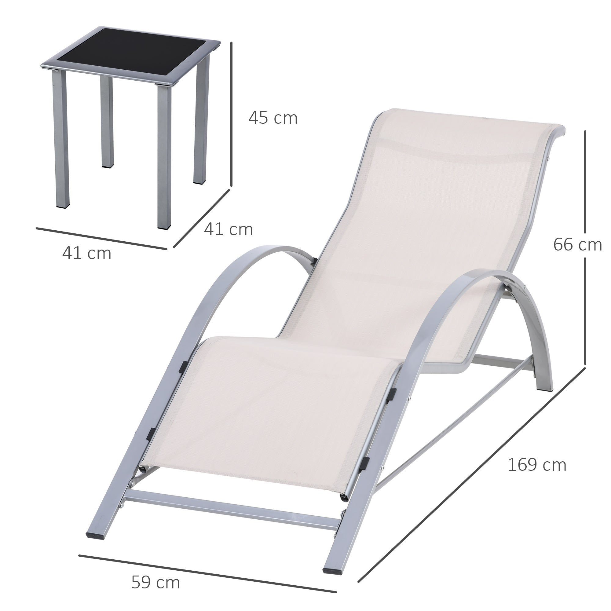 Outsunny 3 Pieces Lounge Chair Set Metal Frame Garden Outdoor Recliner Sunbathing Chair with Table, Cream - North Peak Garden Furniture