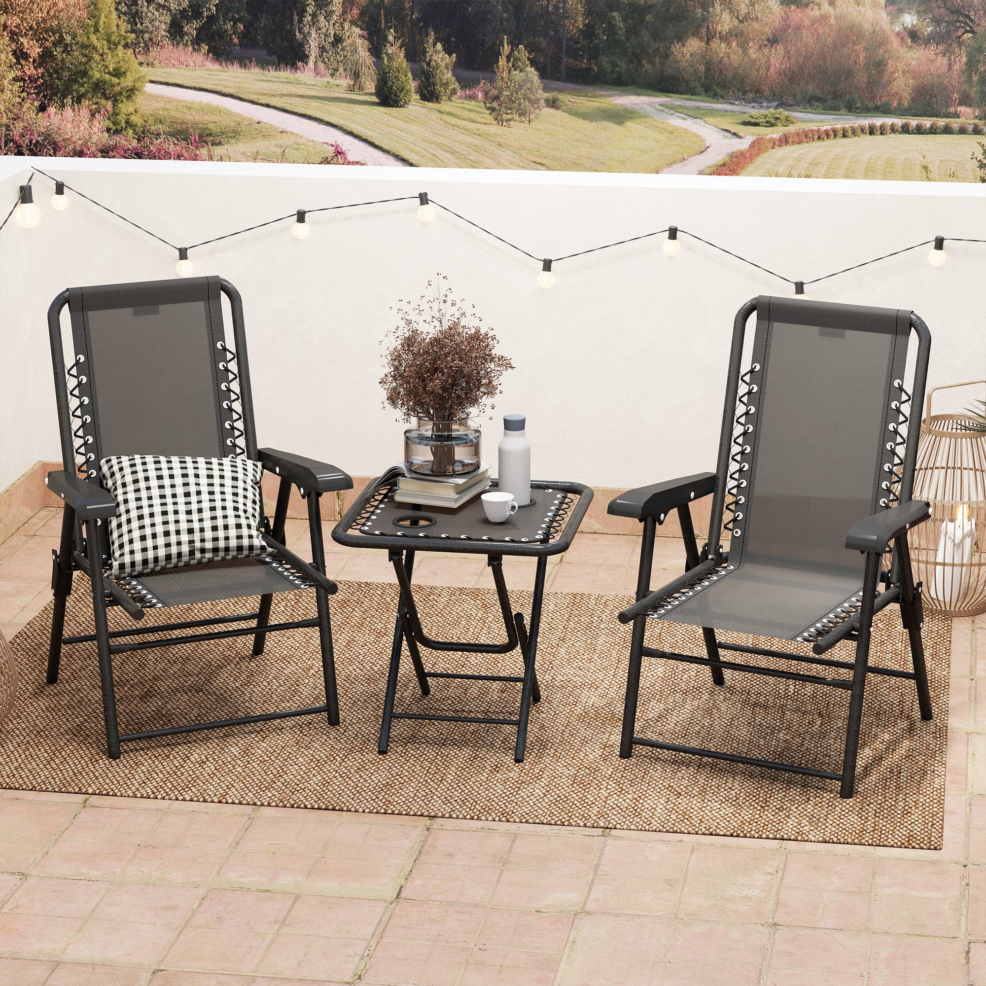 Outsunny Three-Piece Garden Table and Chair Set - Black - North Peak Garden Furniture