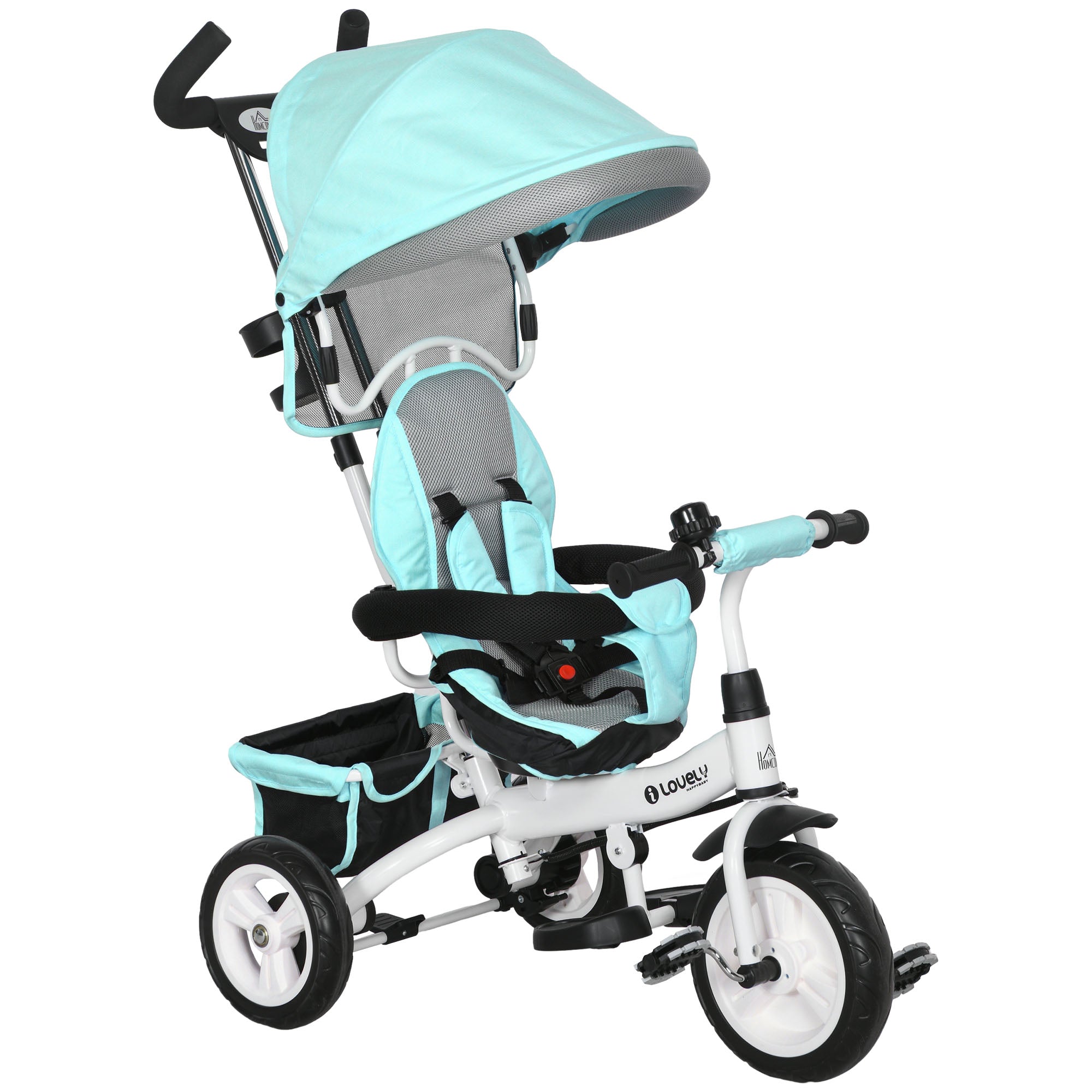 HOMCOM 6 in 1 Kids Trike Push Bike w/ Push Handle, Canopy, 5-point Safety Belt, Storage, Footrest, Brake, for 1-5 Years, Green - North Peak Garden Furniture