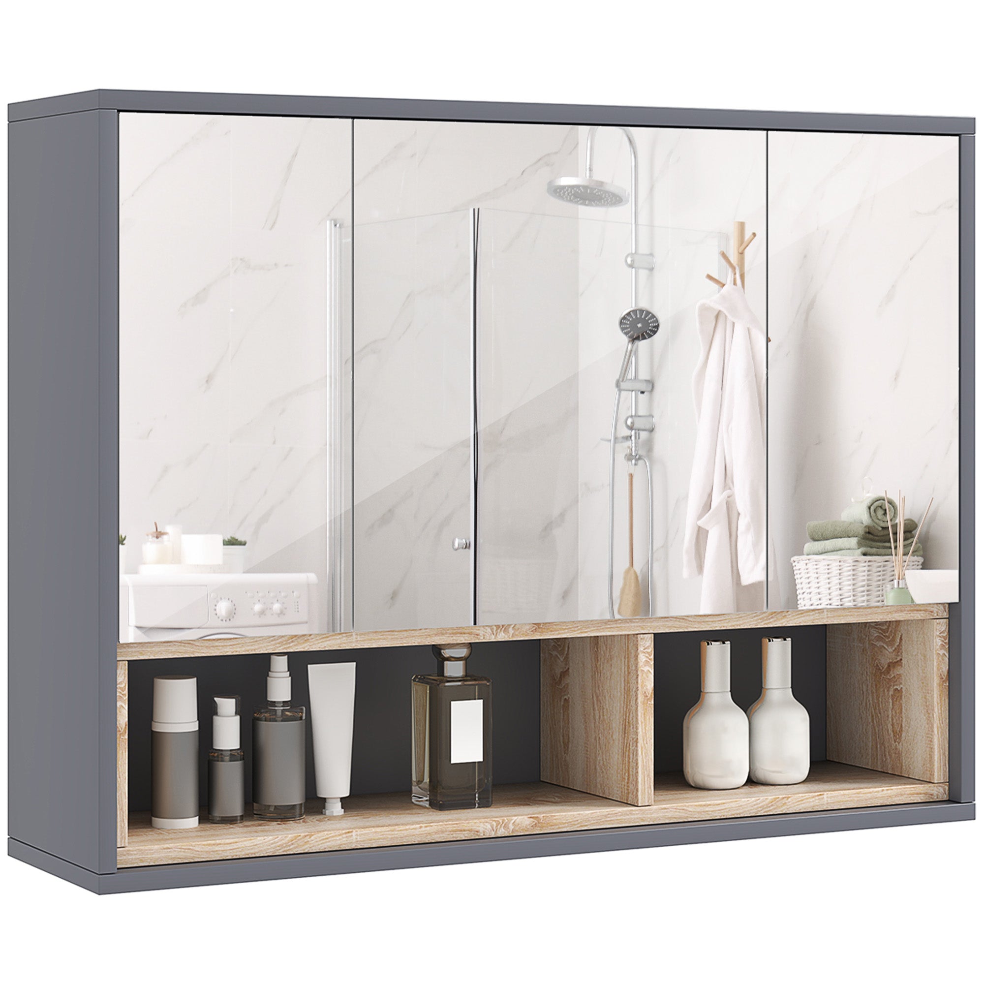 HOMCOM Bathroom Mirror Cabinet, Wall Mounted Bathroom Cabinet with Mirror, 3 Doors and Cupboards, Grey - North Peak Garden Furniture