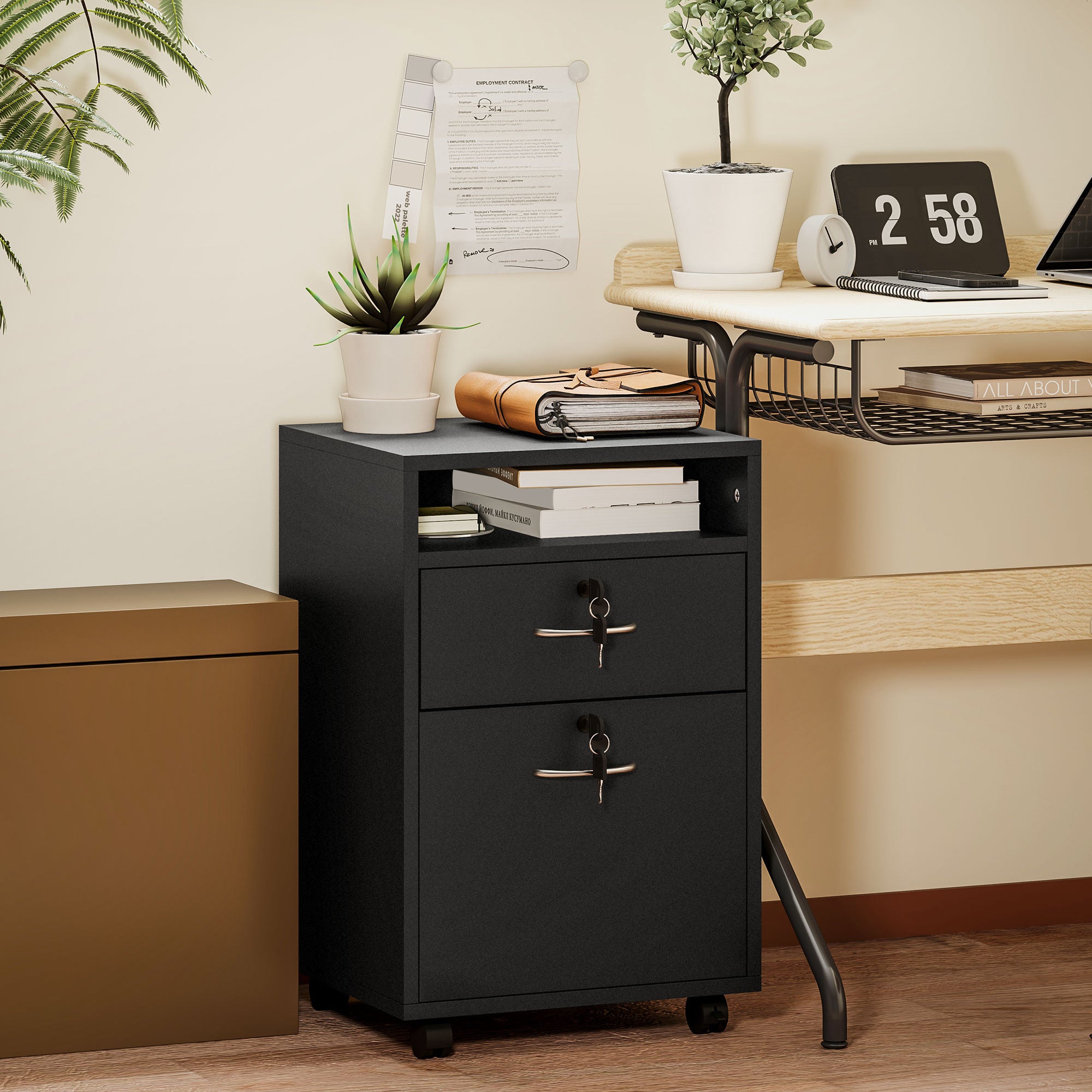 HOMCOM 60cm Filing Cabinet with Drawer, Open Shelf, Metal Handles and 4 Wheels, Office Home Organiser Mobile Printer with Two Locks, Black - North Peak Garden Furniture