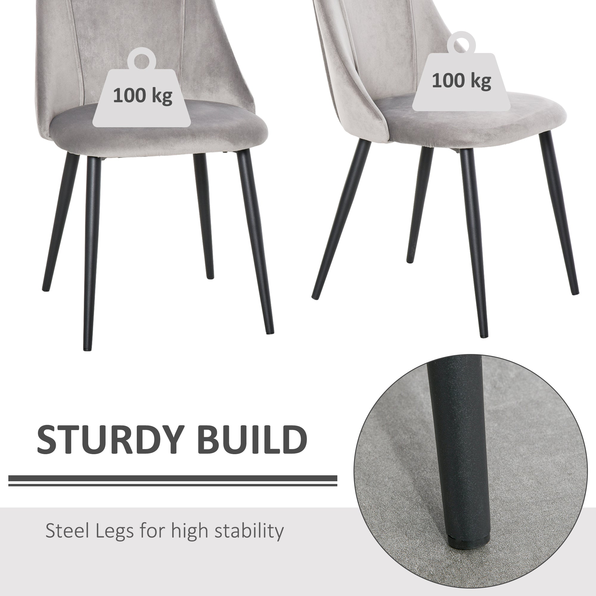 HOMCOM Dining Chairs Set of 2, Modern Upholstered Velvet-Touch Fabric Accent High Back Chairs with Metal Legs for Kitchen, Grey - North Peak Garden Furniture