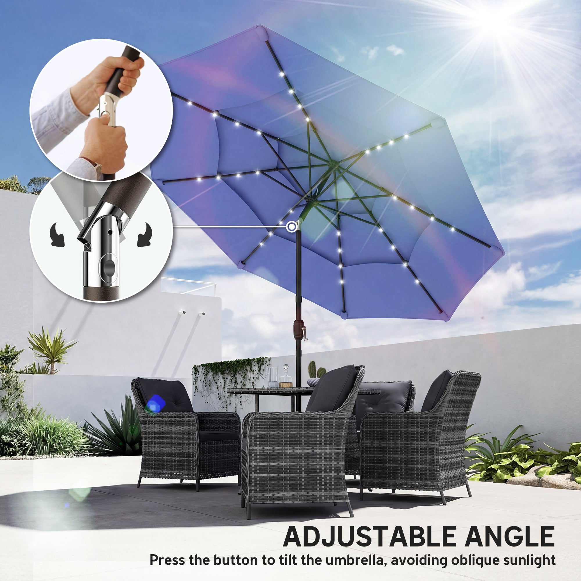Outsunny 2.8 m Garden Parasol Umbrella with LED Solar Light, Parasol Cover, 3 Tier Outdoor Table Market Patio Umbrella, Navy Blue