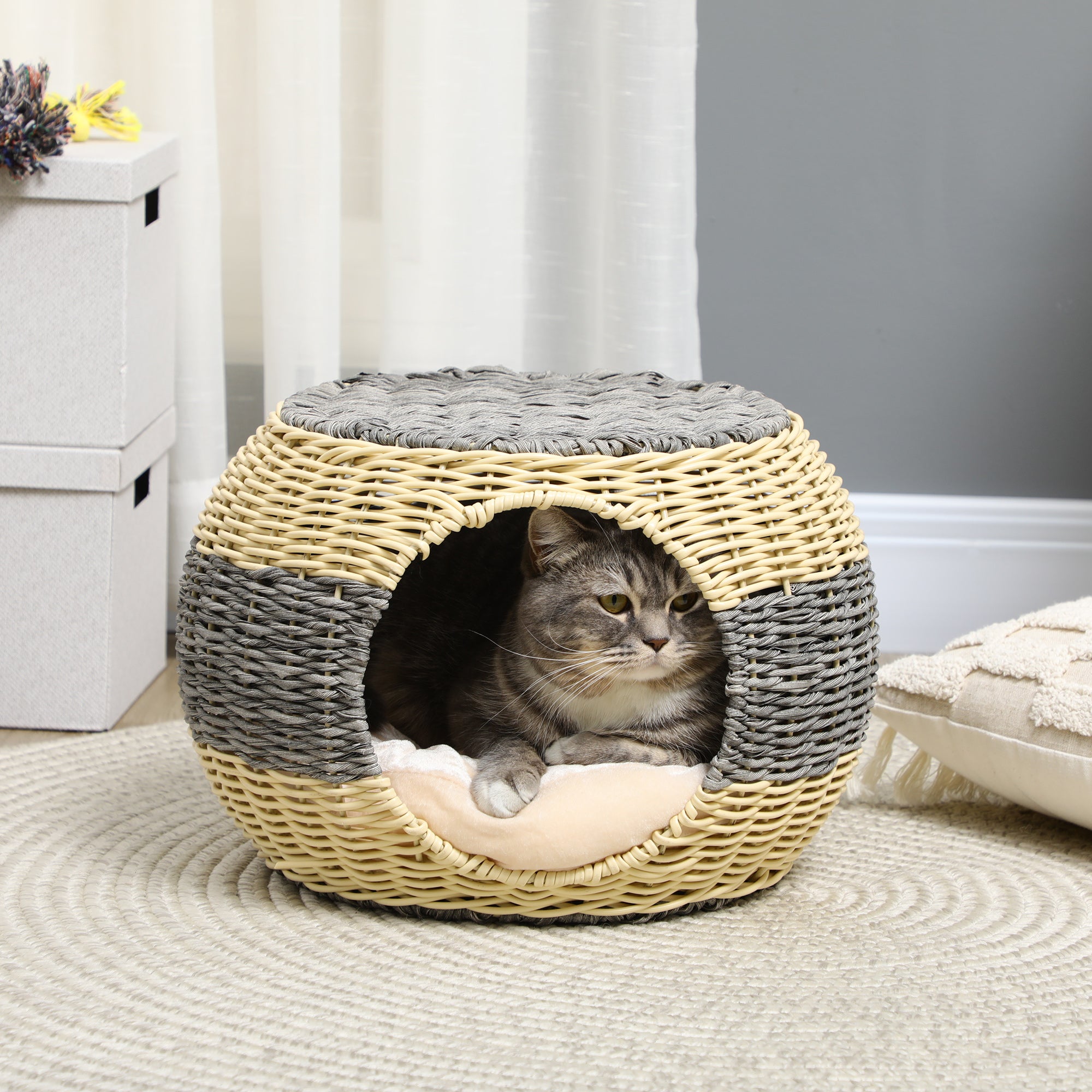 PawHut Wicker Cat House, Rattan Raised Cat Bed, Cosy Kitten Cave with Soft Washable Cushion, Φ40 x 30cm - North Peak Garden Furniture