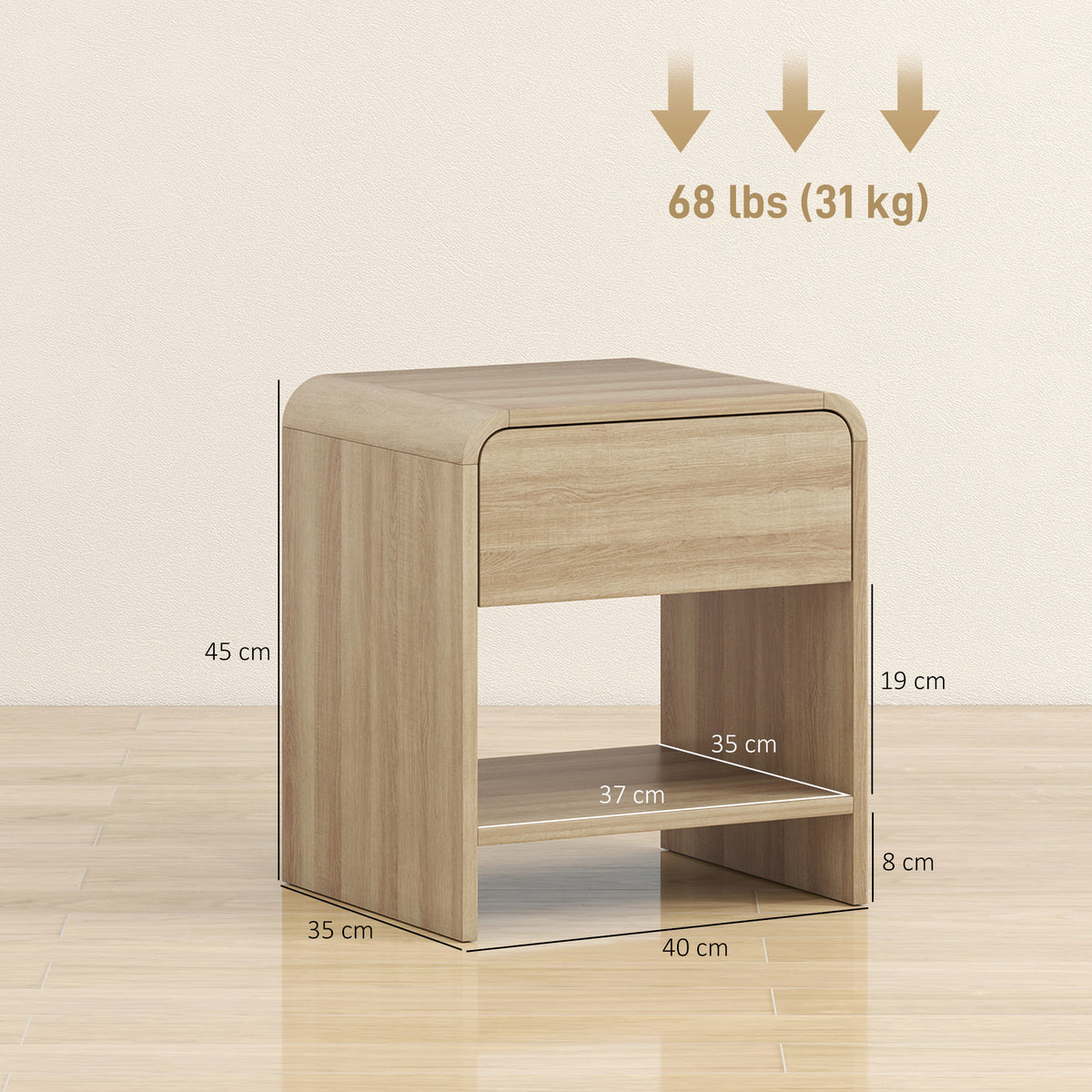 HOMCOM Bedside Tables Set of 2, Nightstands with Rounded Corners, Modern Side Table with Silent Drawer for Bedroom, Natural