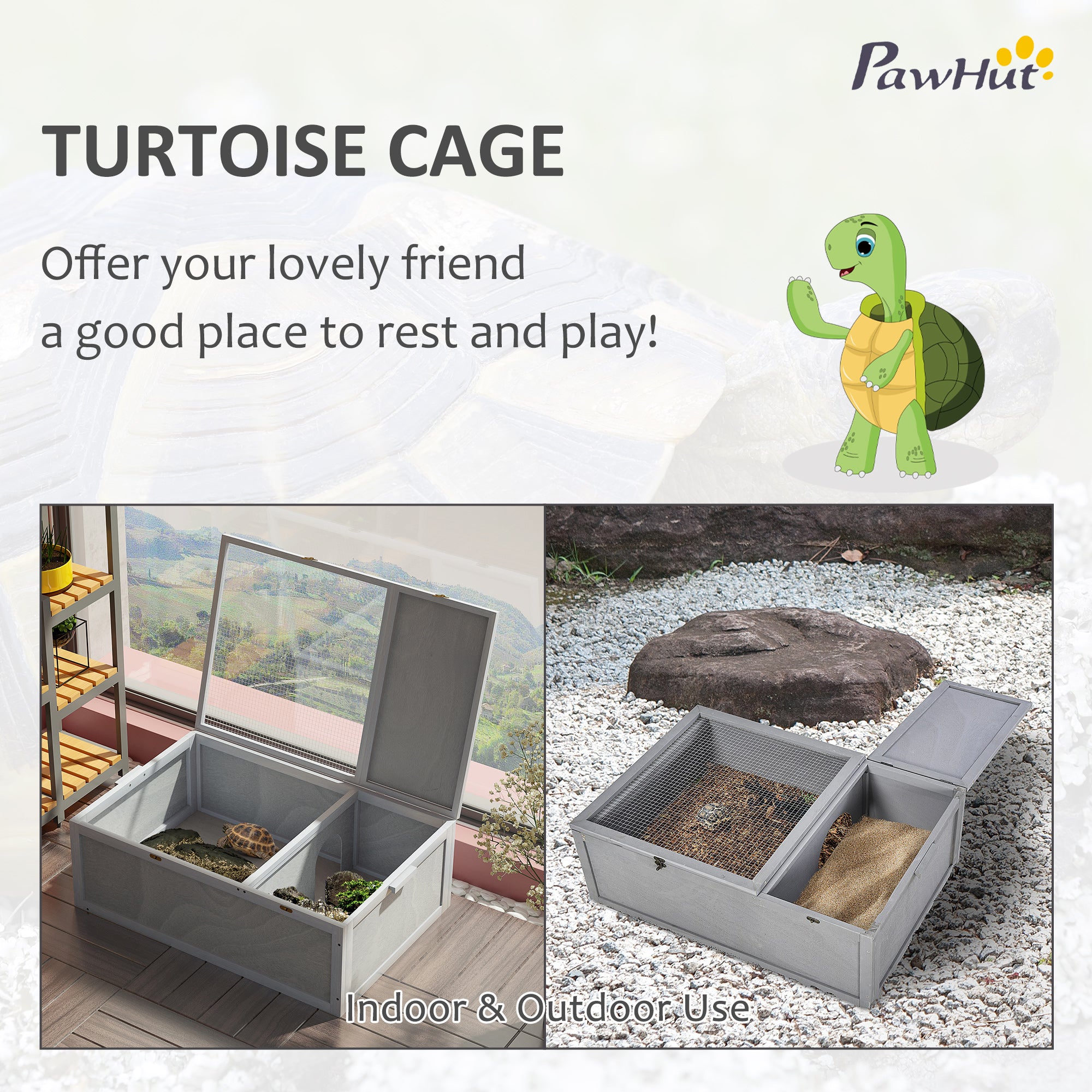 PawHut 94 cm Wooden Tortoise House Turtle Habitat Small Reptile Cage Enclosure with Two Room Grey - North Peak Garden Furniture