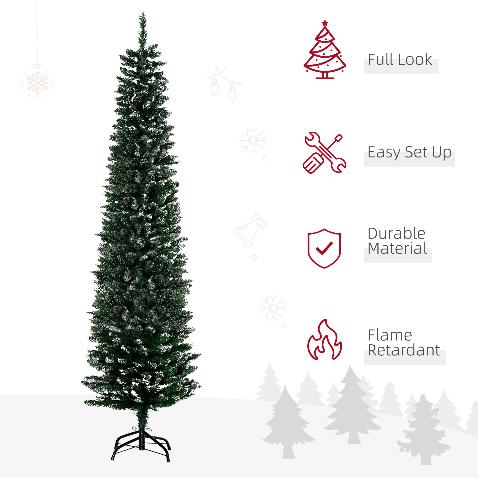 HOMCOM 6FT Artificial Snow Dipped Christmas Tree Xmas Pencil Tree Holiday Home Indoor Decoration with Foldable Black Stand, Green - North Peak Garden Furniture