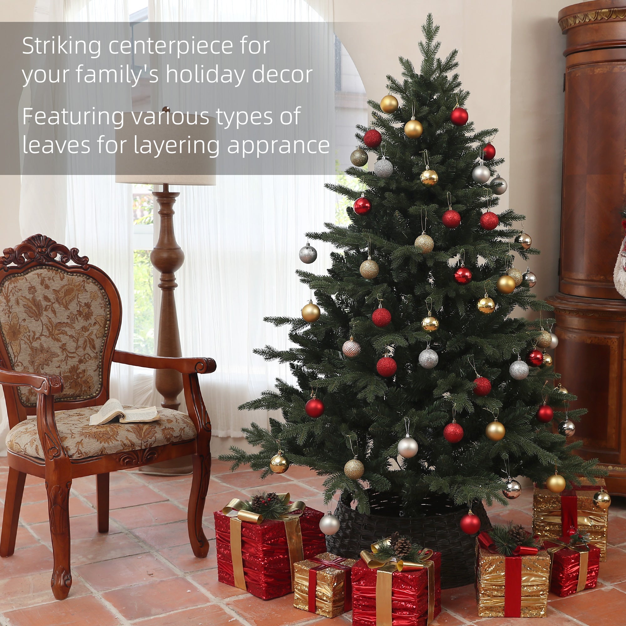 HOMCOM 6ft Artificial Spurce Christmas Tree with 1696 Branch Tips and Foldable Steel Base, Realistic Hinged Xmas Tree, Holiday Décor for Home Office, Green - North Peak Garden Furniture