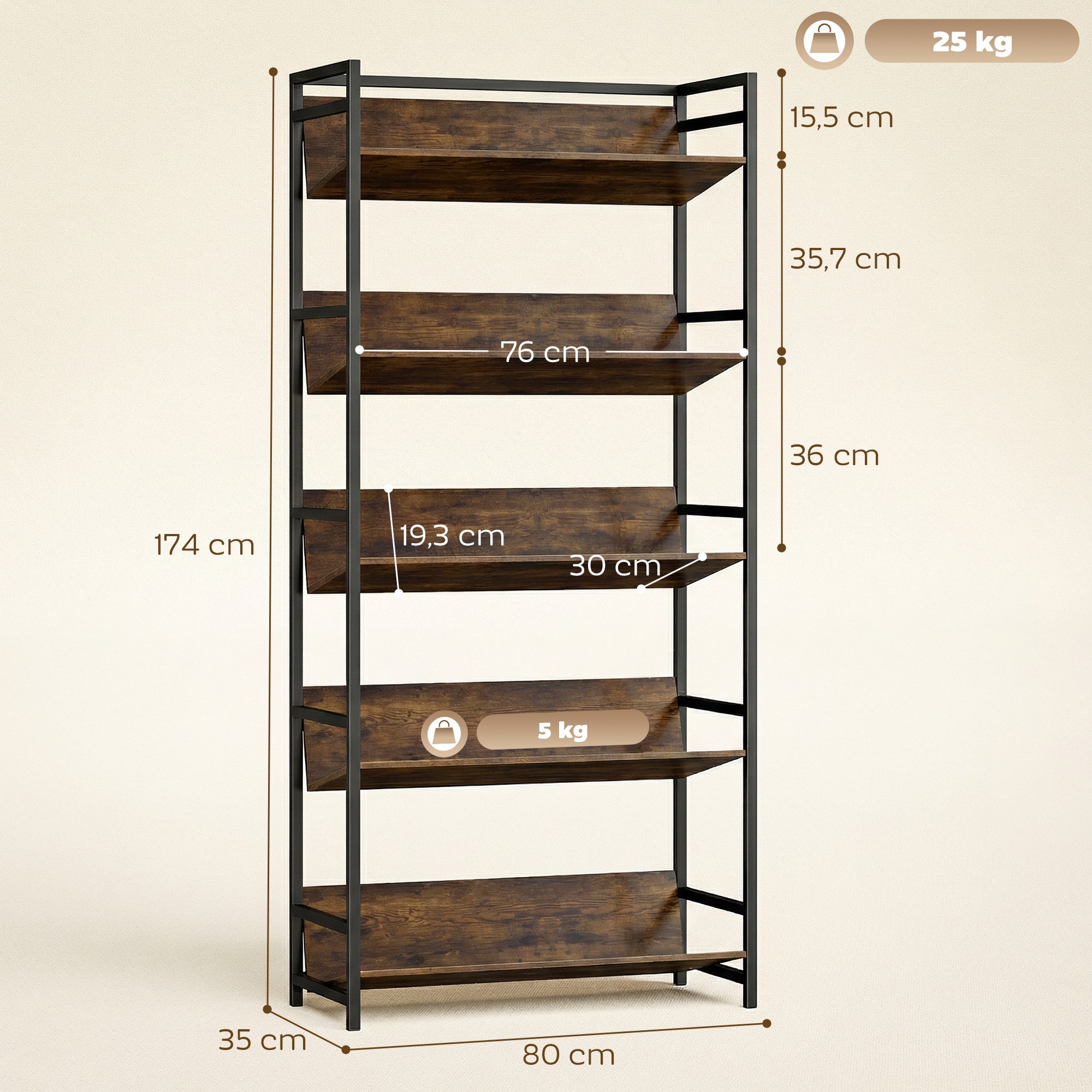 HOMCOM Bookshelf 5-Tier Metal Frame Room Divider Bookcase Storage Shelves for Living Room Rustic Brown