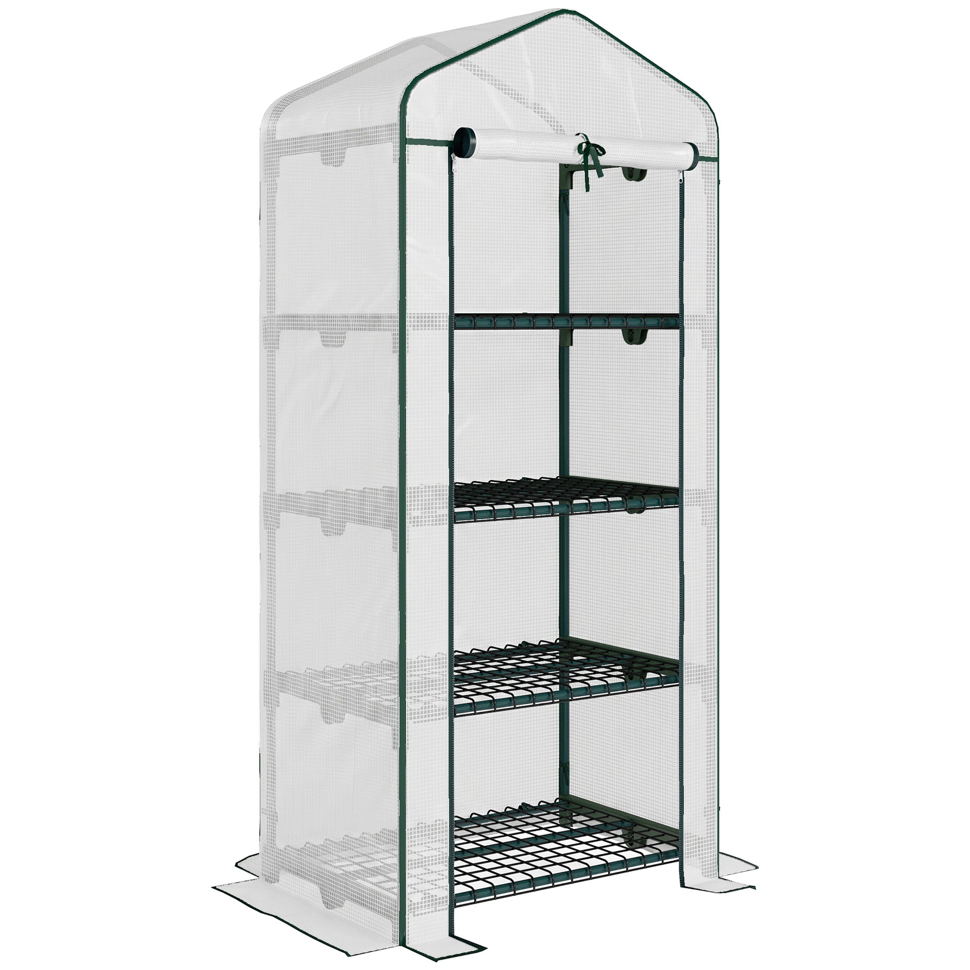 Outsunny 4 Tier Mini Greenhouse, Portable Compact Green House with Steel Frame, PE Cover, Roll-up Door, 70 x 50 x 160 cm, White