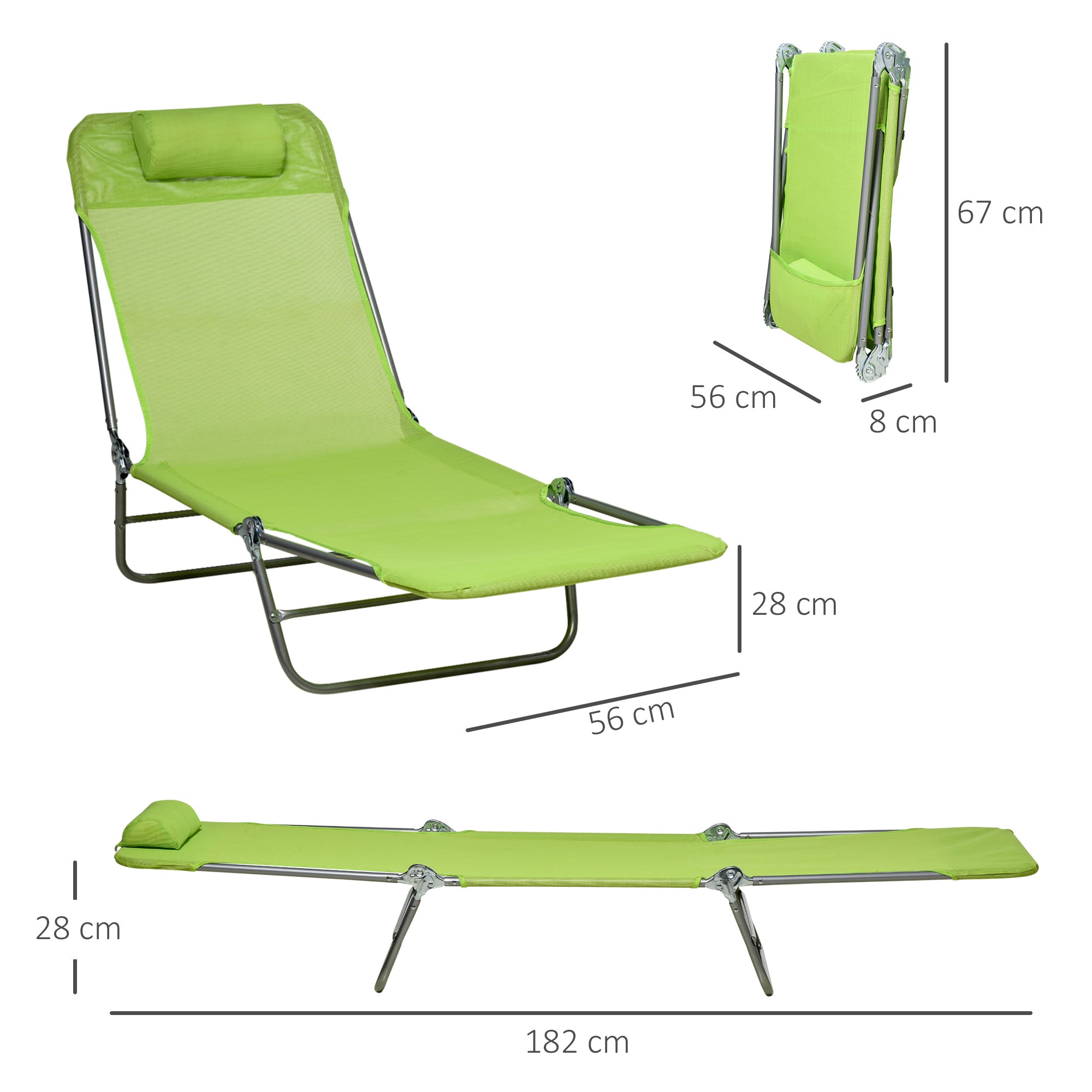 Outsunny Folding Sun Lounger Set of 2, Outdoor Day Beds with Pillow, Reclining Back, Steel Frame and Breathable Mesh for Beach, Yard, Patio, Green