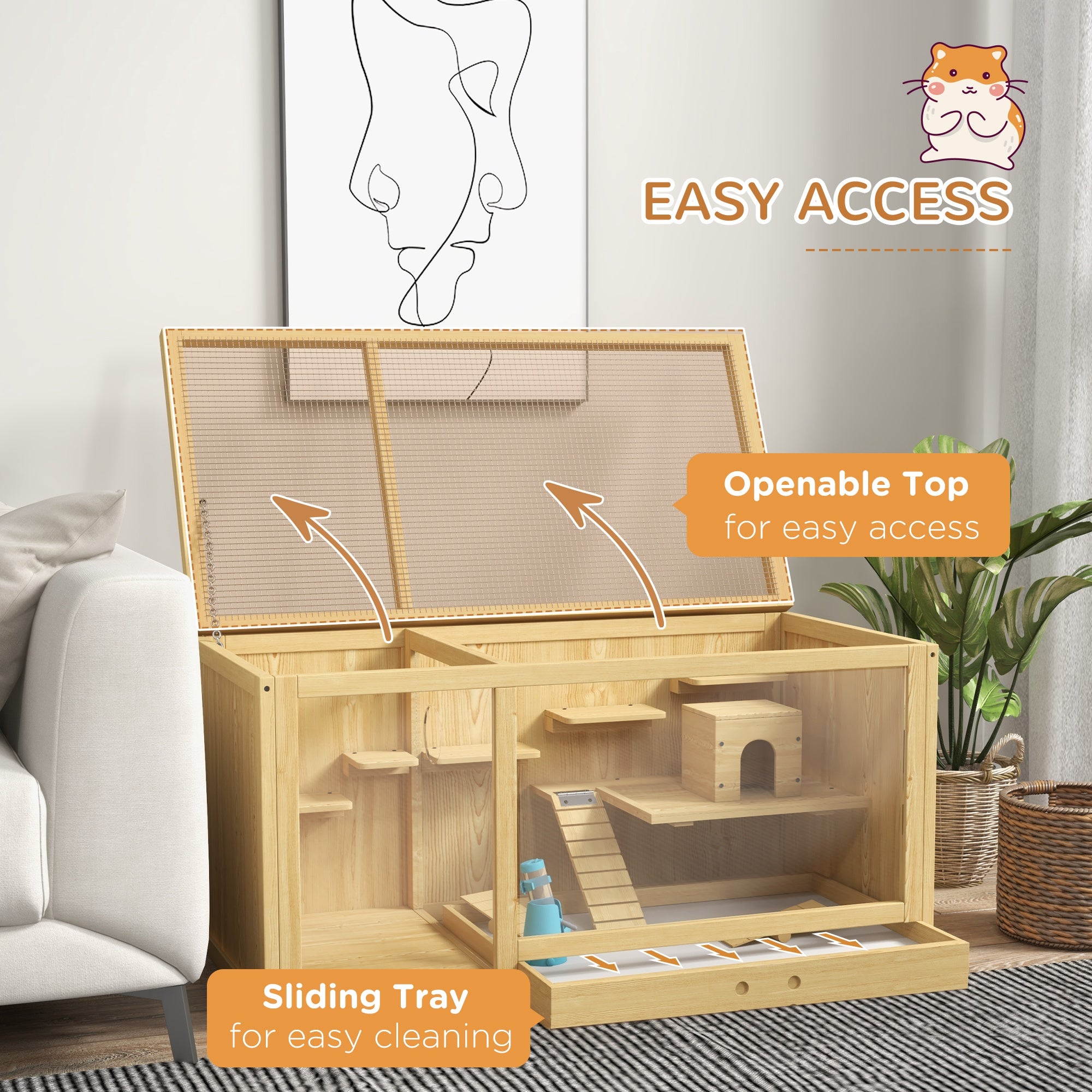 PawHut Wooden Hamster Cage with Water Bottle, Platforms, Openable Roof, Sliding Tray, Hut, Seesaws, Natural Wood Finish - North Peak Garden Furniture